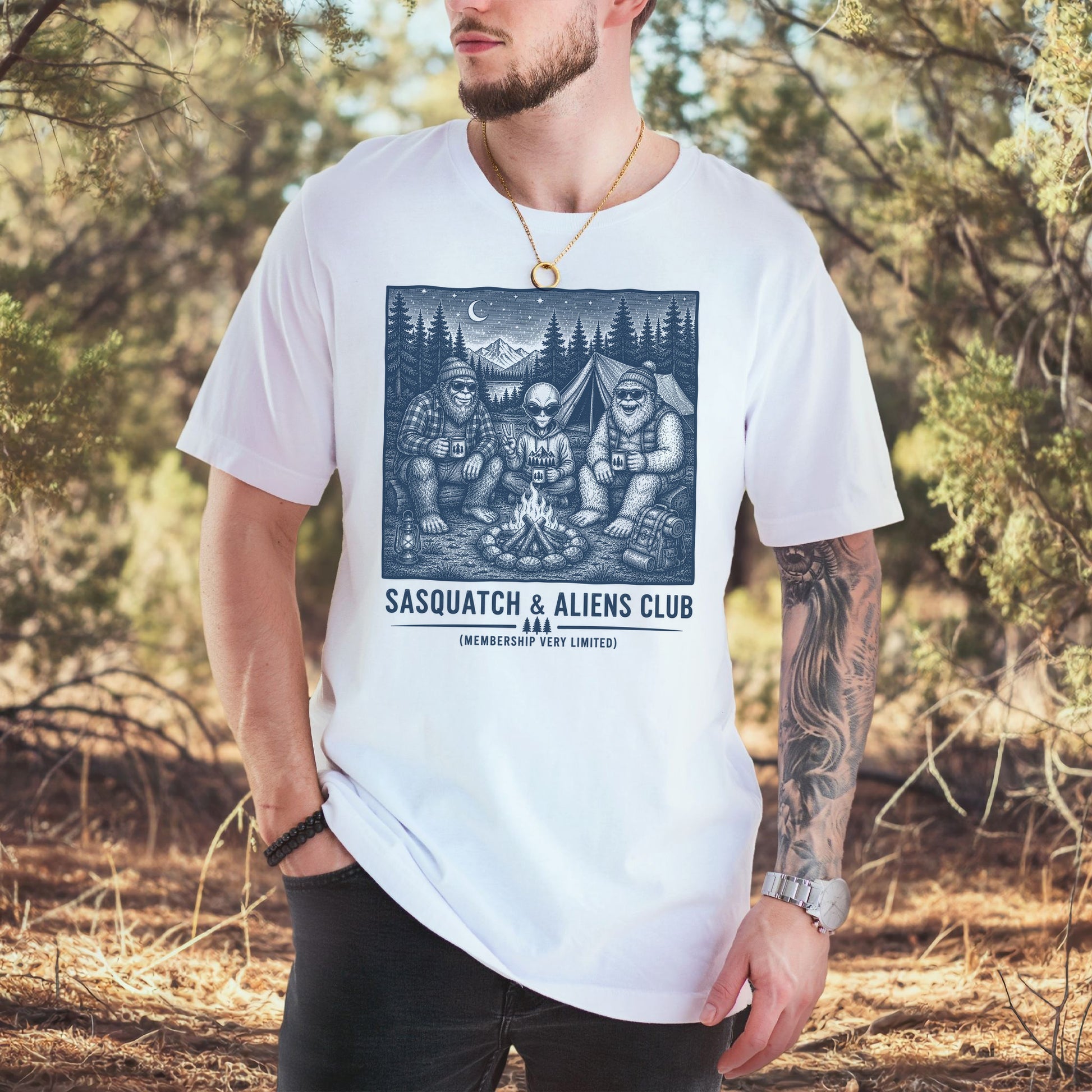 Sasquatch & Aliens Camping Club Cryptid Campfire Forest T-Shirt