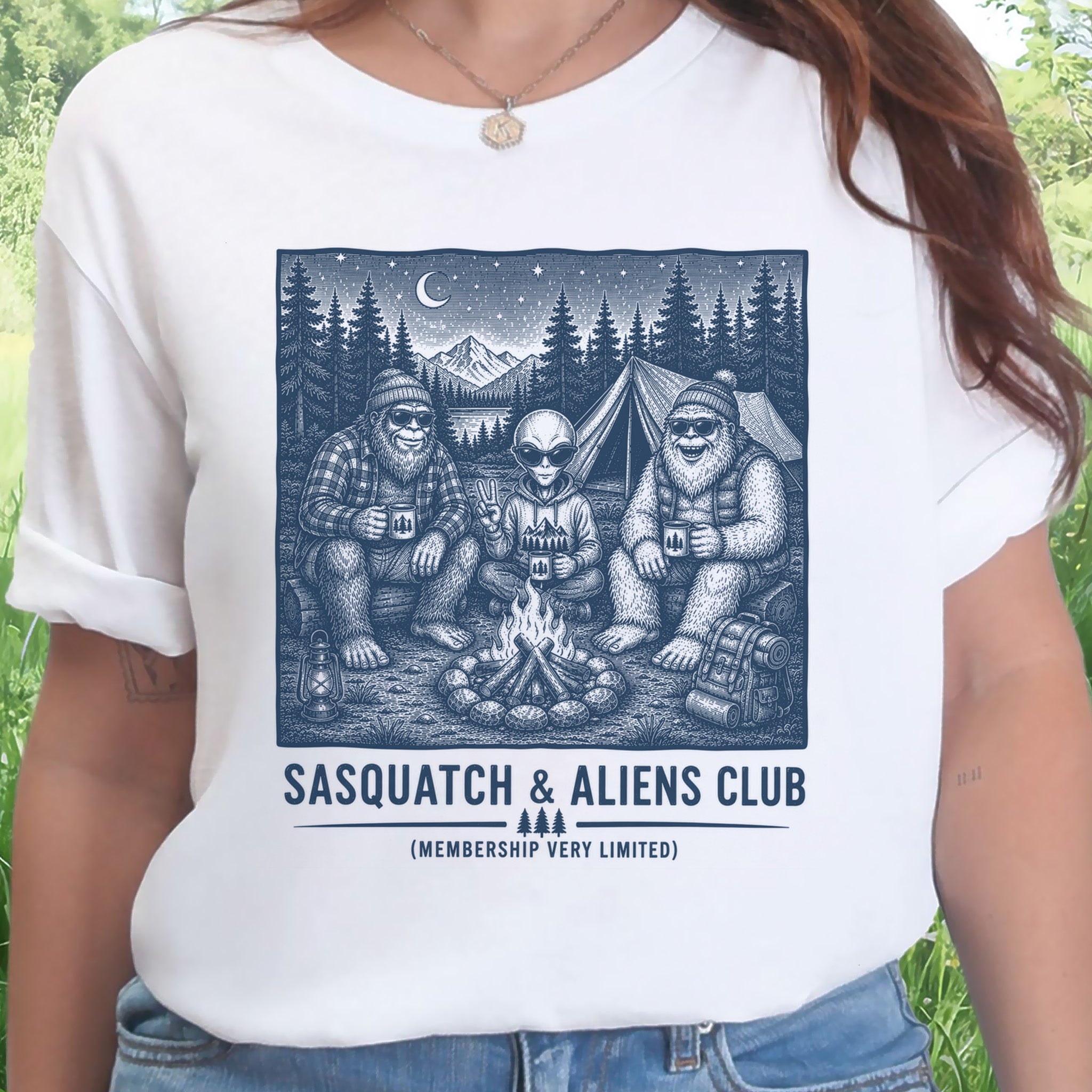 Sasquatch & Aliens Camping Club Cryptid Campfire Forest T-Shirt