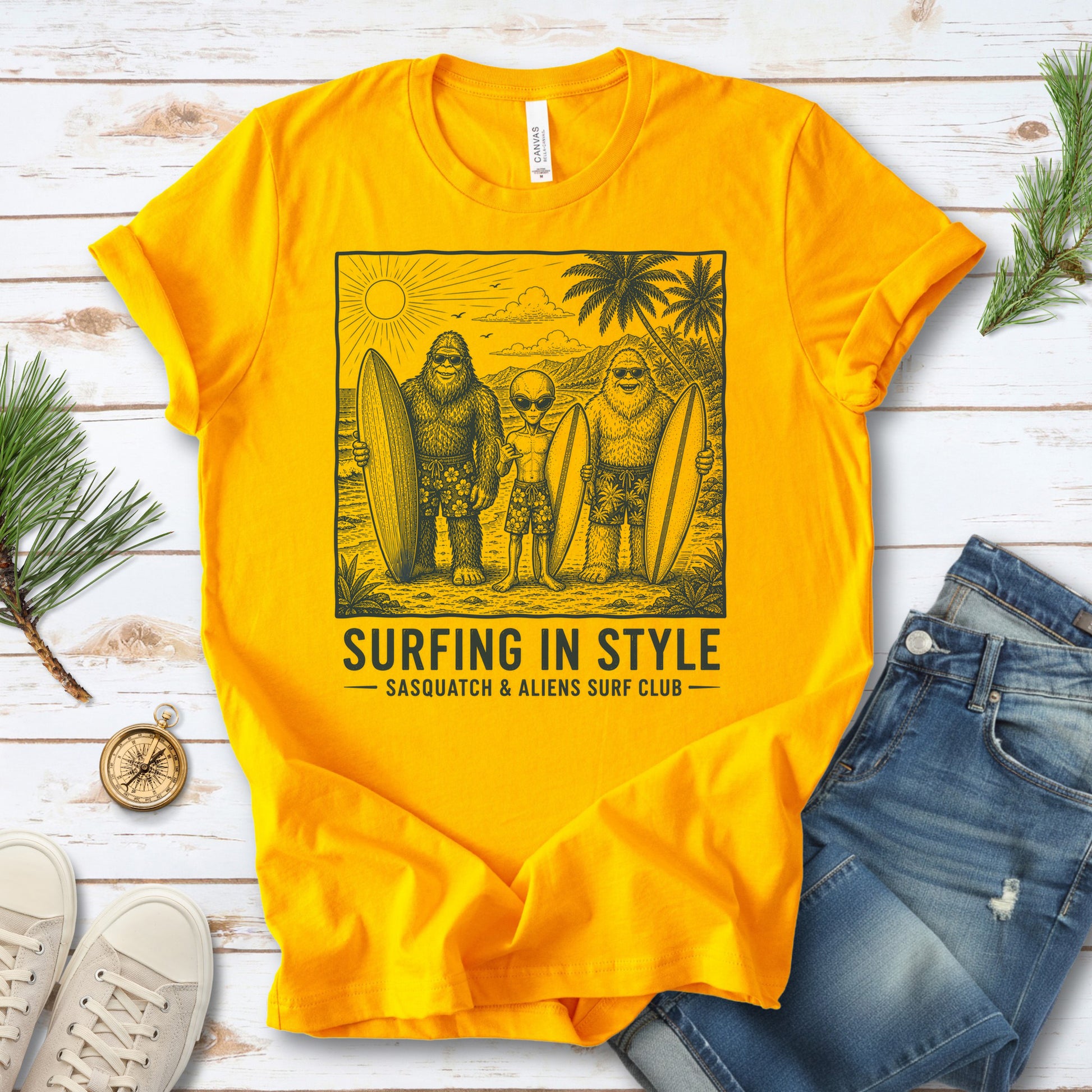 Surfing in Style Sasquatch & Aliens Surf Club Beach T-Shirt