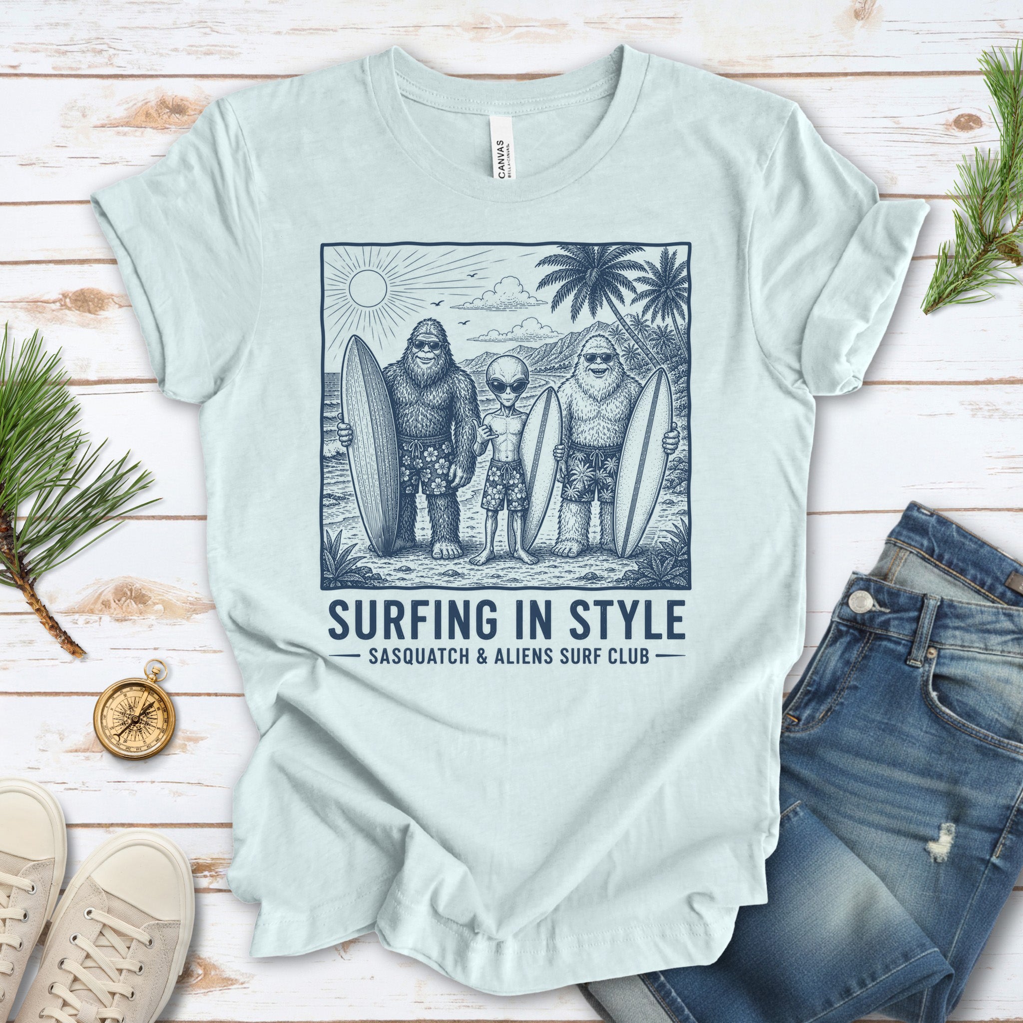 Surfing in Style Sasquatch & Aliens Surf Club Beach T-Shirt