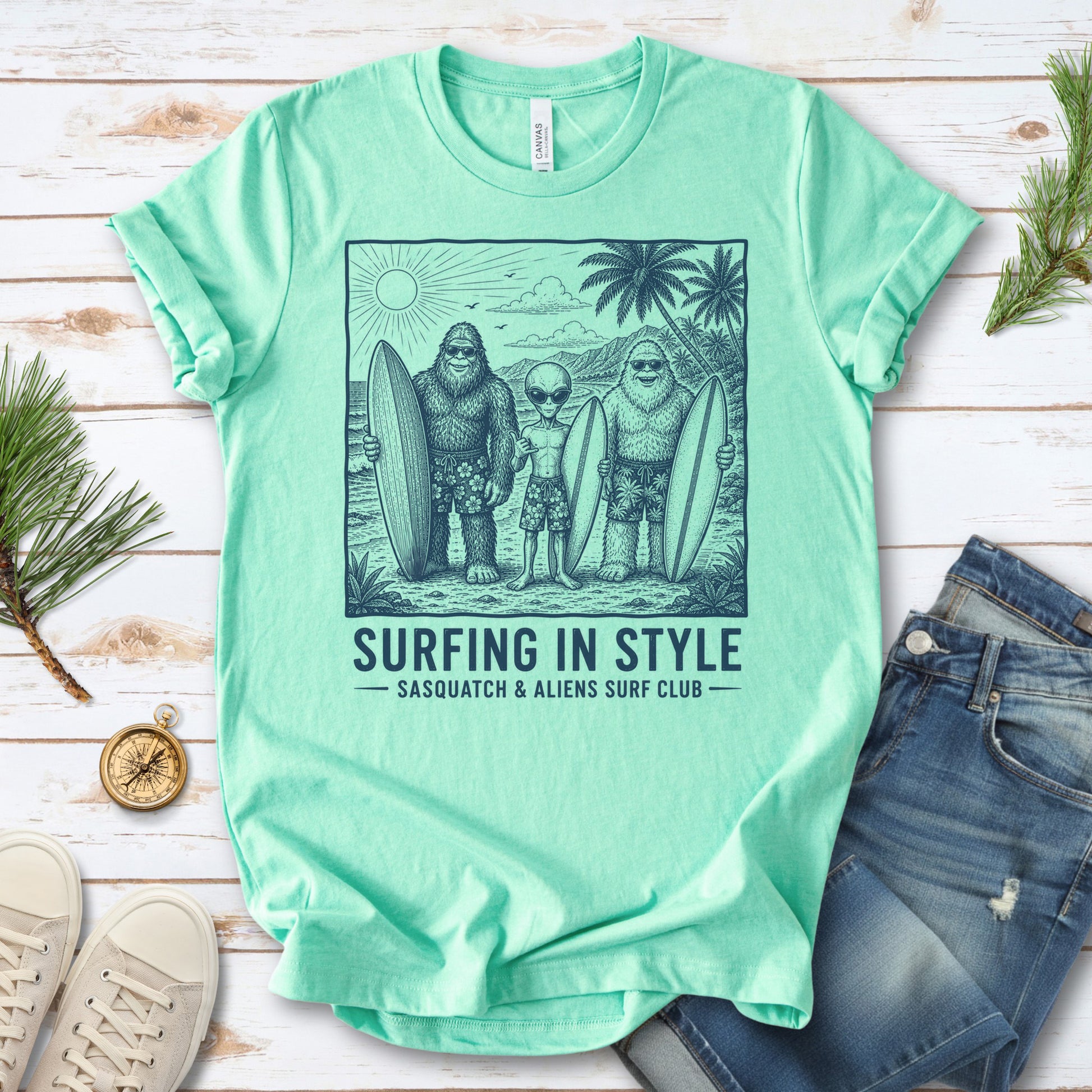 Surfing in Style Sasquatch & Aliens Surf Club Beach T-Shirt