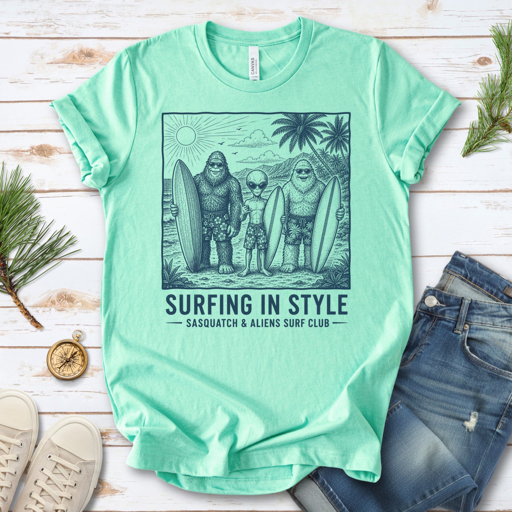 Surfing in Style Sasquatch & Aliens Surf Club Beach T-Shirt