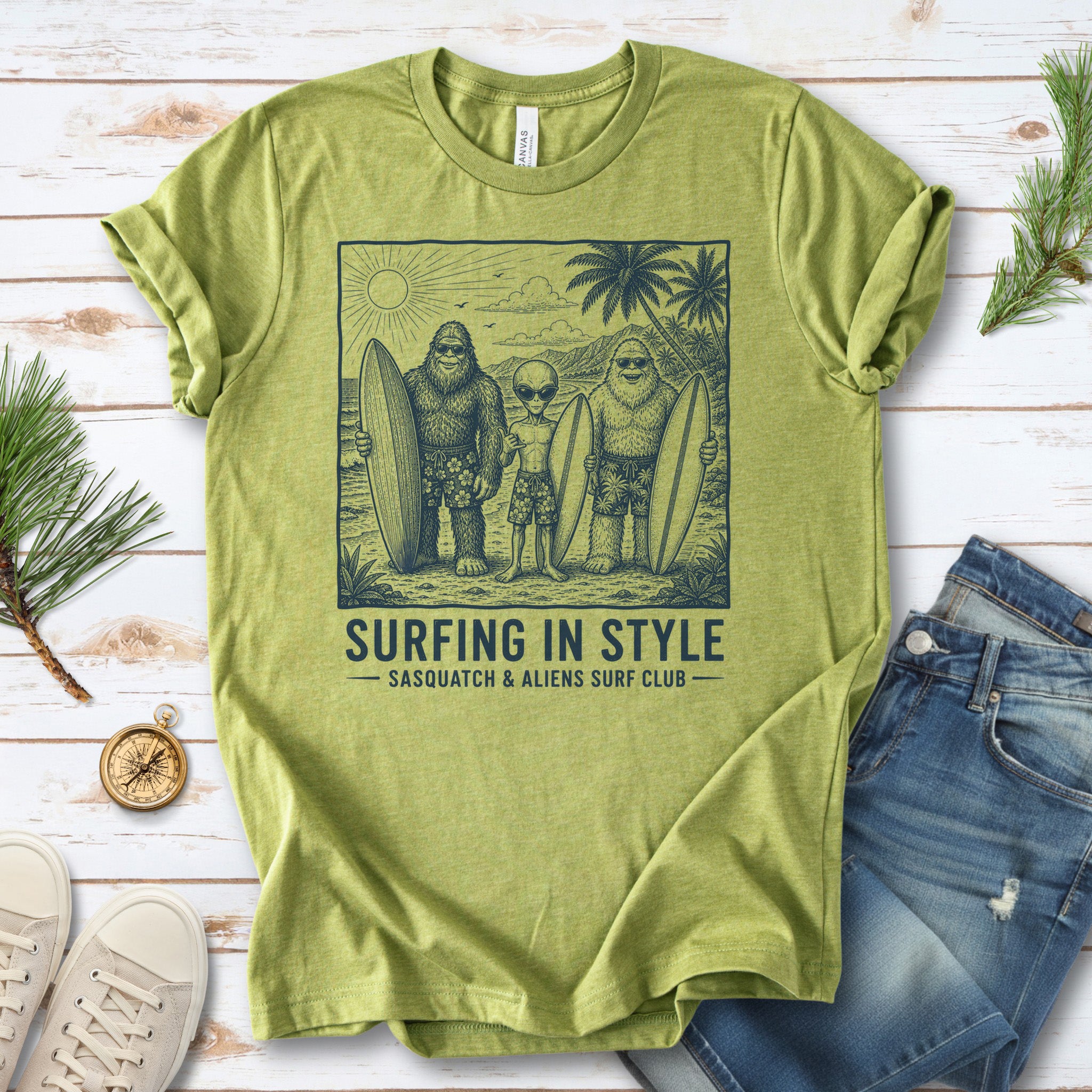 Surfing in Style Sasquatch & Aliens Surf Club Beach T-Shirt