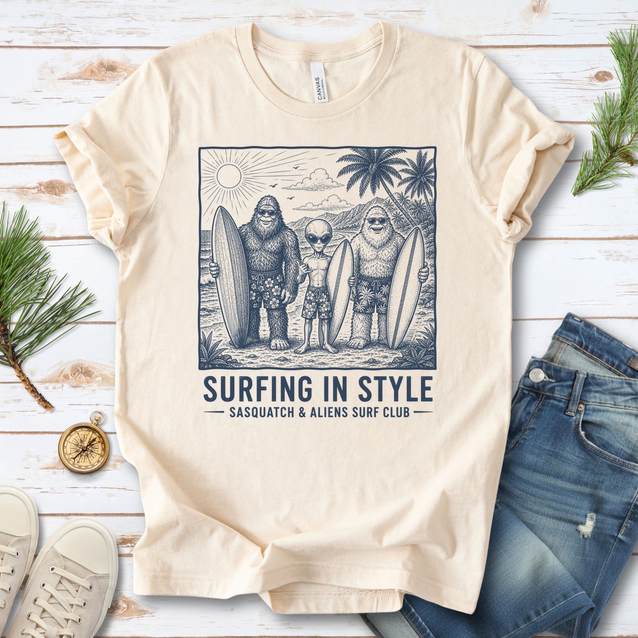 Surfing in Style Sasquatch & Aliens Surf Club Beach T-Shirt