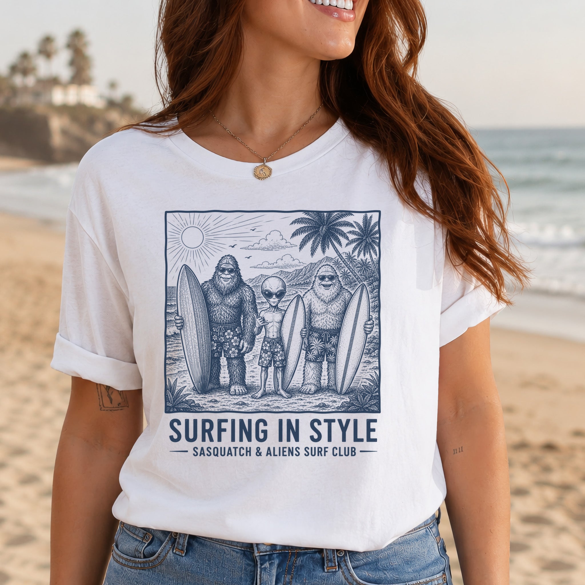 Surfing in Style Sasquatch & Aliens Surf Club Beach T-Shirt