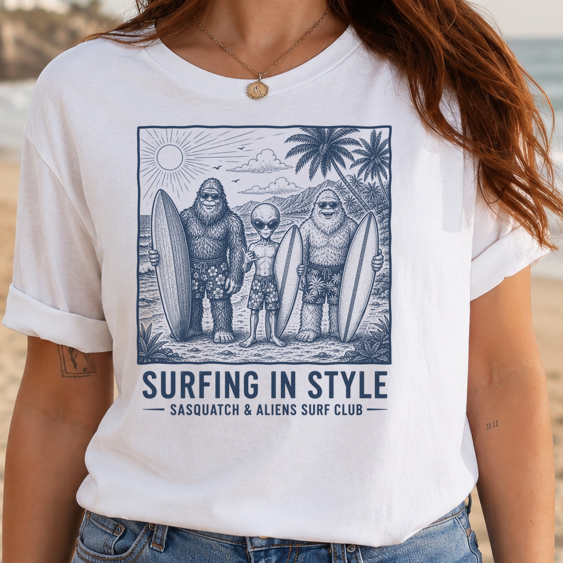 Surfing in Style Sasquatch & Aliens Surf Club Beach T-Shirt