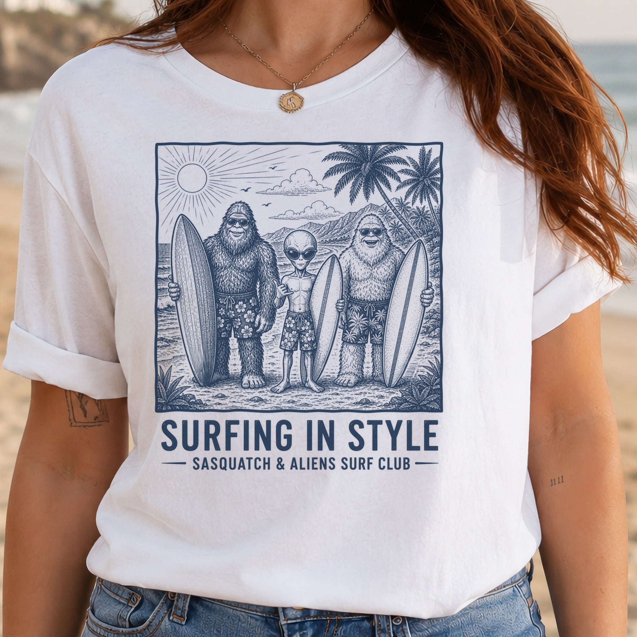 Surfing in Style Sasquatch & Aliens Surf Club Beach T-Shirt