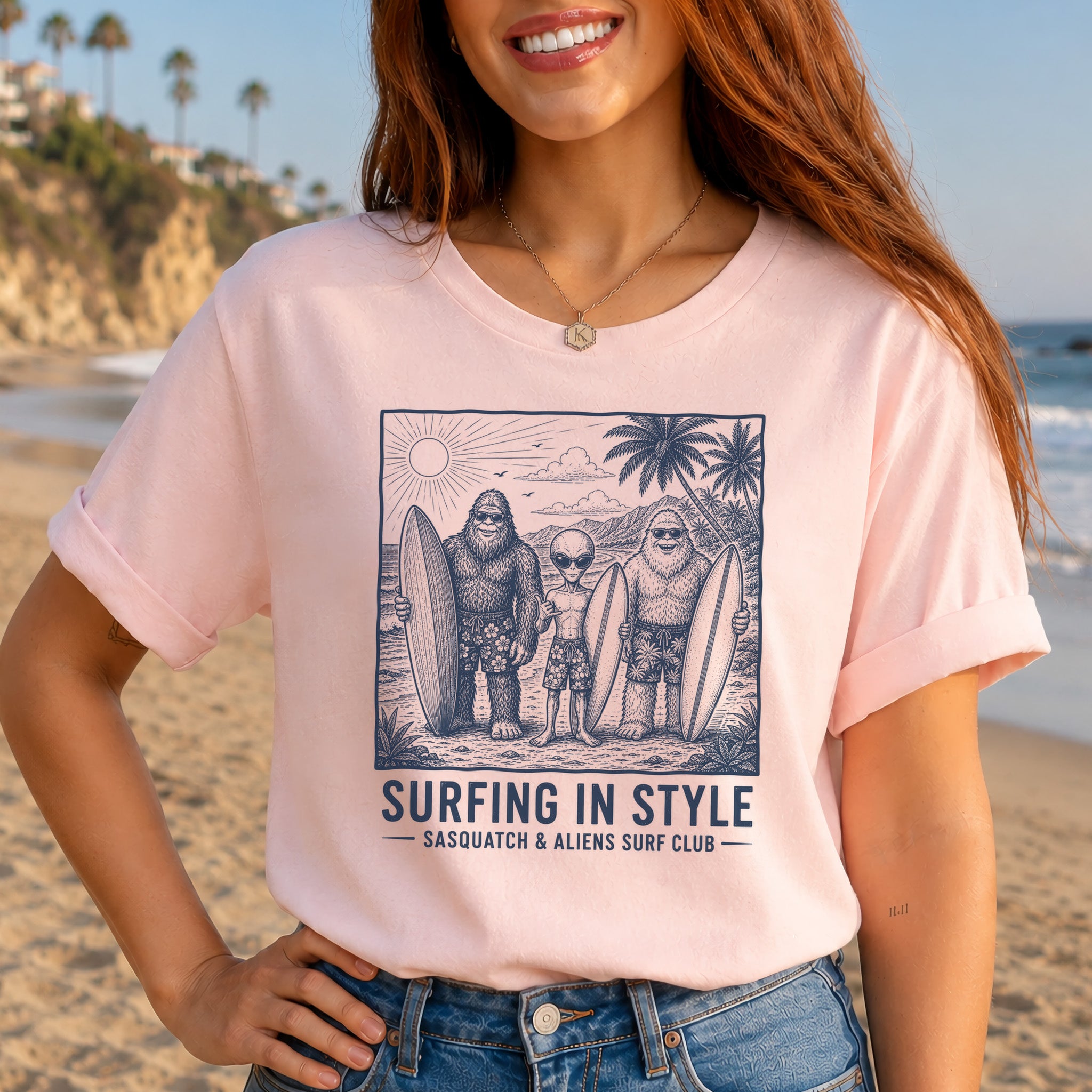 Surfing in Style Sasquatch & Aliens Surf Club Beach T-Shirt