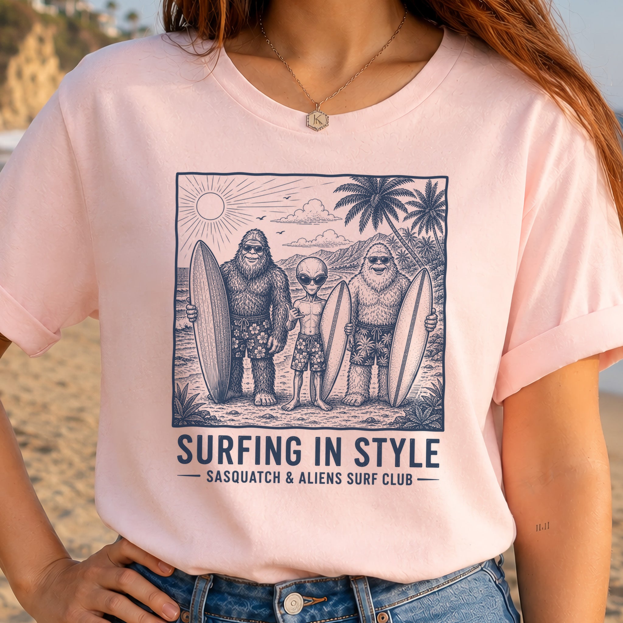 Surfing in Style Sasquatch & Aliens Surf Club Beach T-Shirt