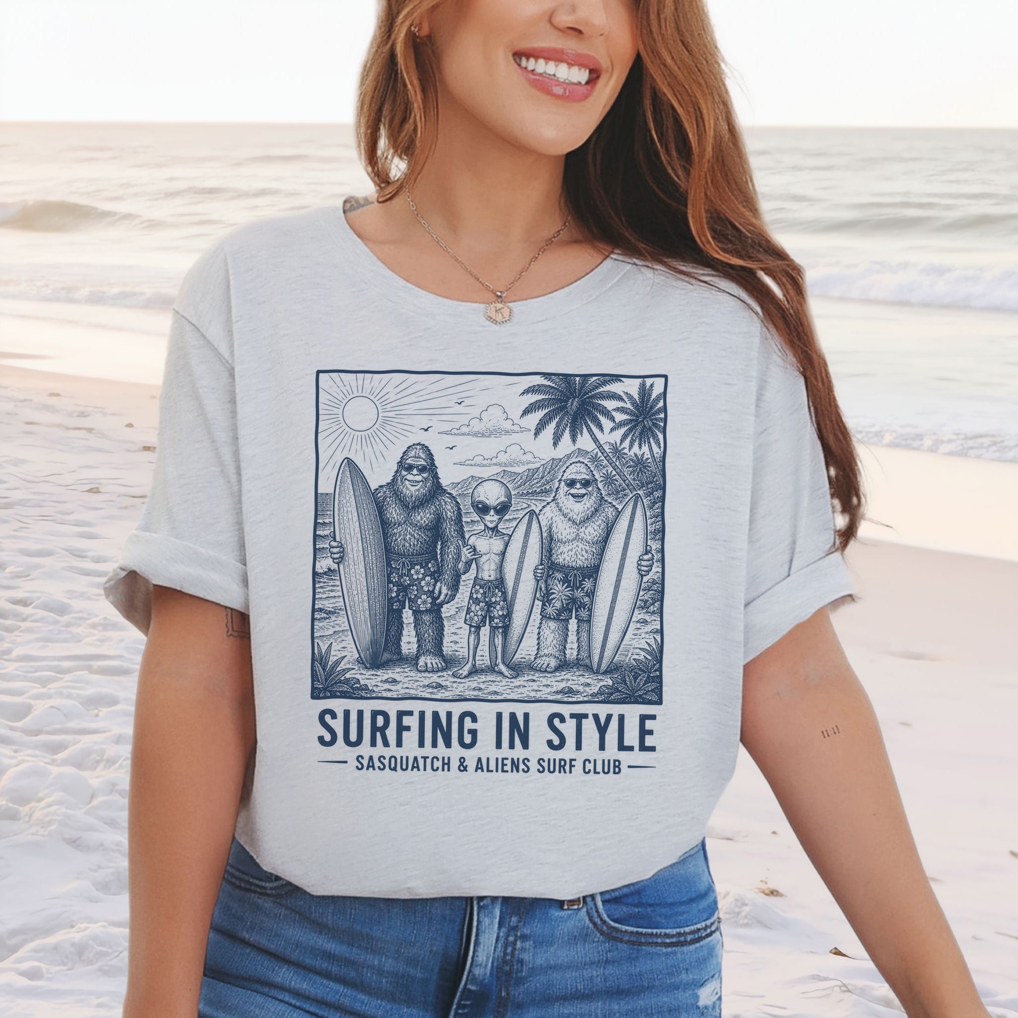 Surfing in Style Sasquatch & Aliens Surf Club Beach T-Shirt