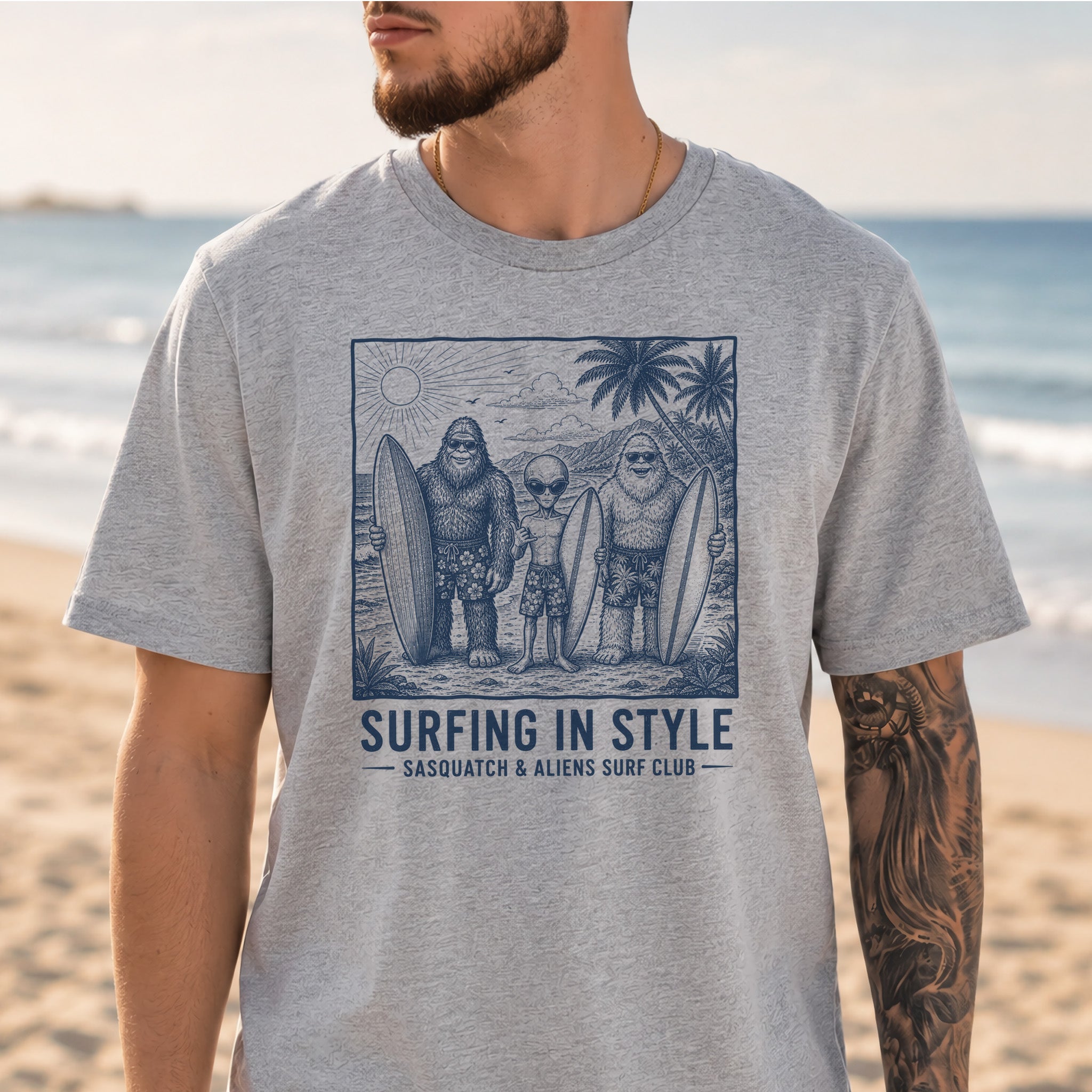 Surfing in Style Sasquatch & Aliens Surf Club Beach T-Shirt