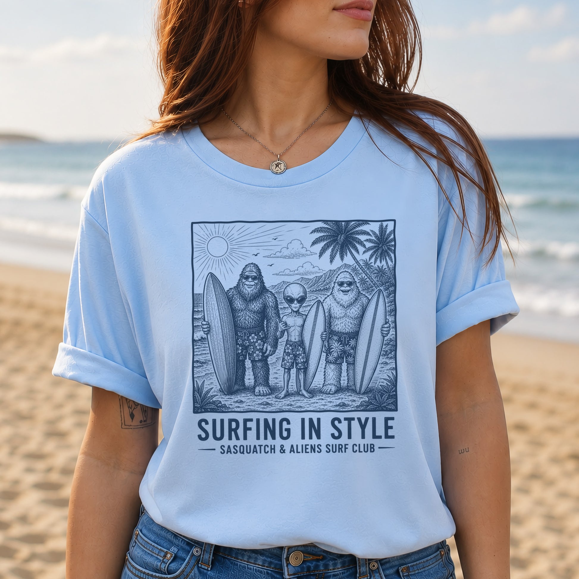 Surfing in Style Sasquatch & Aliens Surf Club Beach T-Shirt