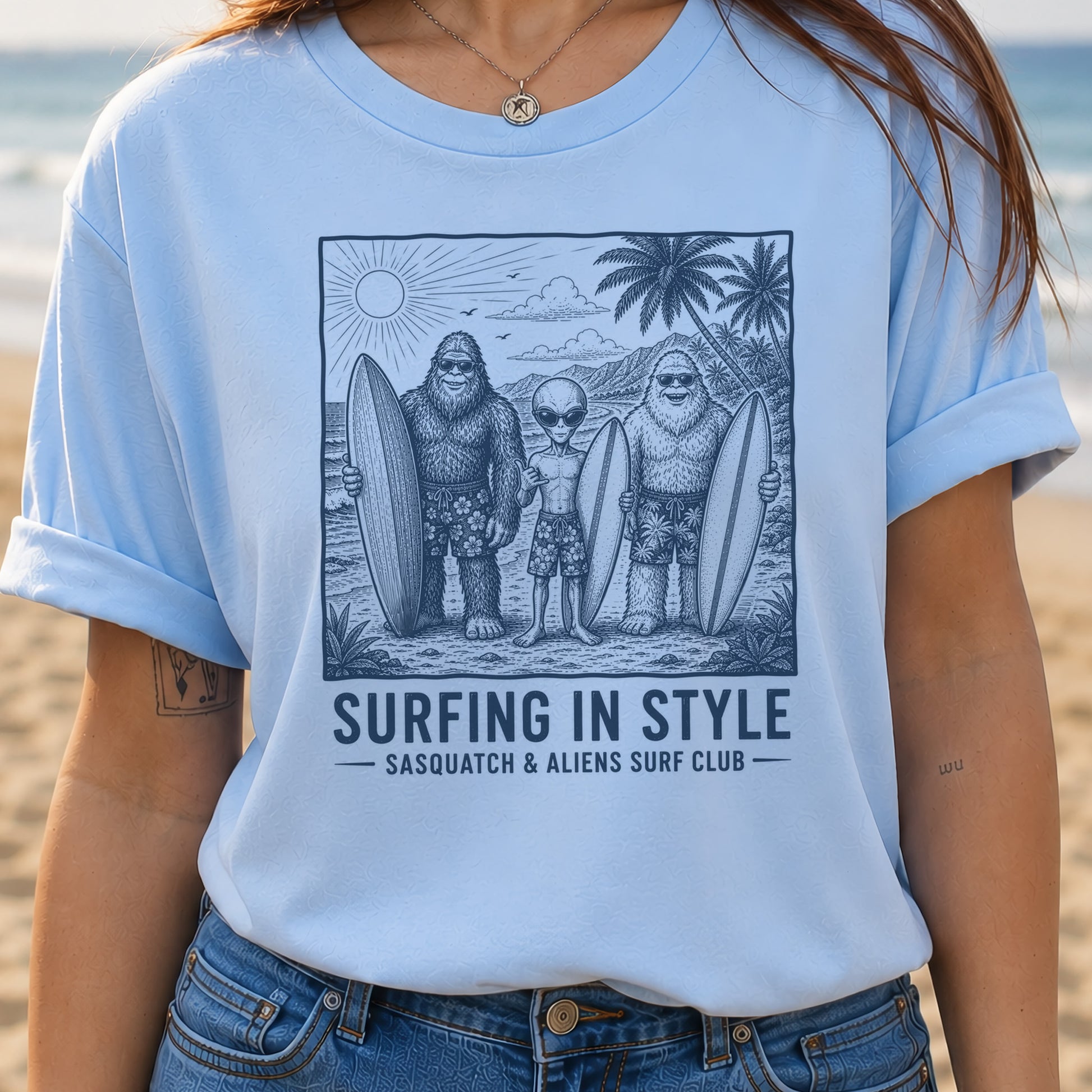 Surfing in Style Sasquatch & Aliens Surf Club Beach T-Shirt