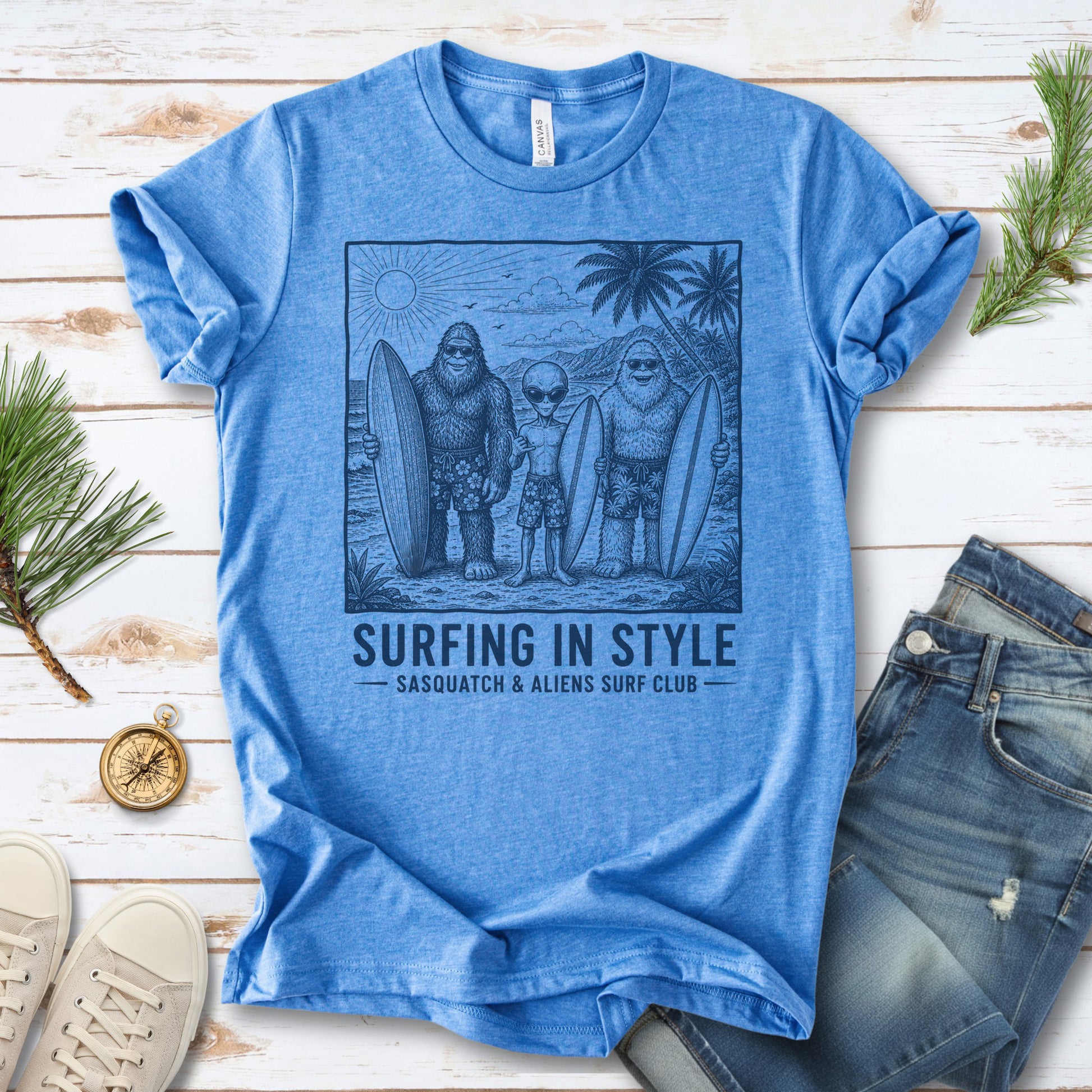 Surfing in Style Sasquatch & Aliens Surf Club Beach T-Shirt