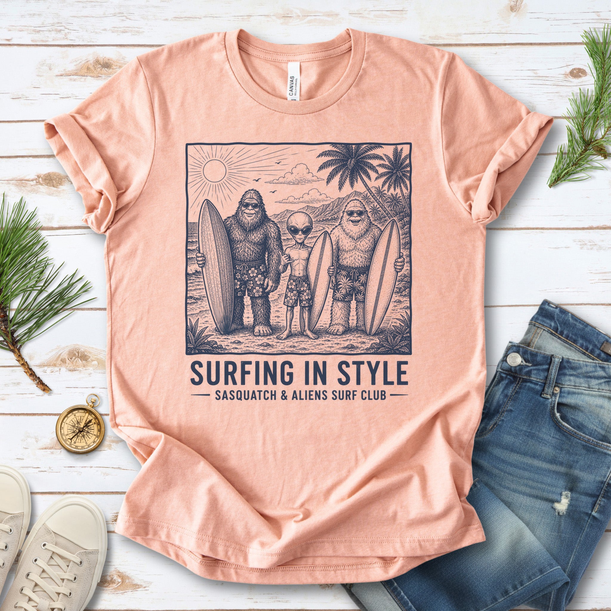 Surfing in Style Sasquatch & Aliens Surf Club Beach T-Shirt