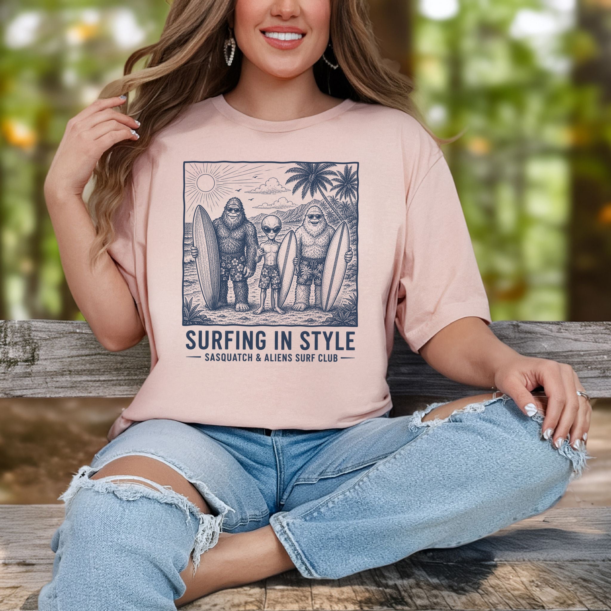 Surfing in Style Sasquatch & Aliens Surf Club Beach T-Shirt