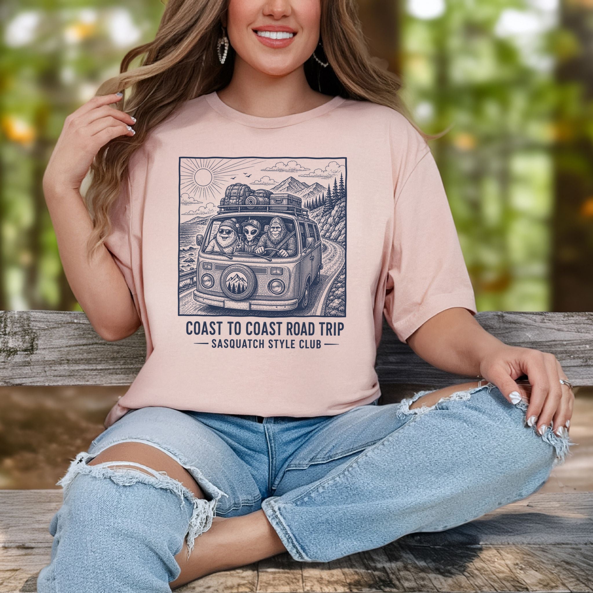 Coast to Coast Road Trip Sasquatch Style Club Van Life T-Shirt