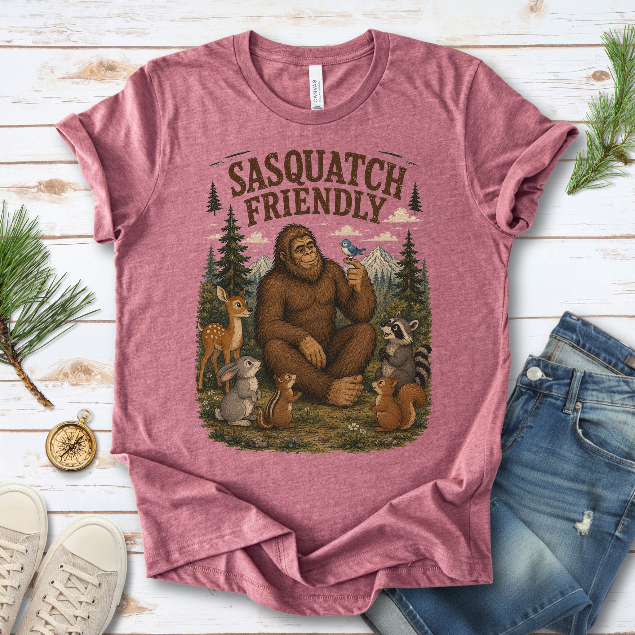Sasquatch Friendly Bigfoot Forest Animals Wildlife T-Shirt