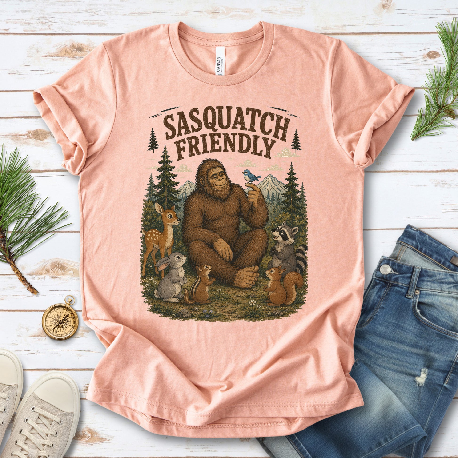Sasquatch Friendly Bigfoot Forest Animals Wildlife T-Shirt