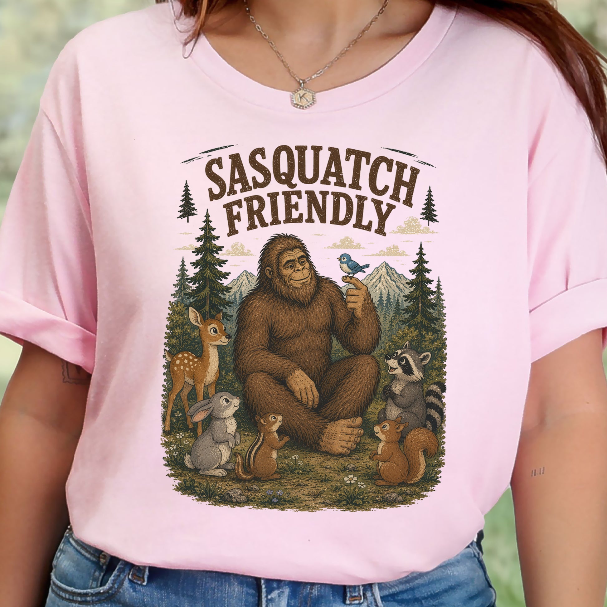 Sasquatch Friendly Bigfoot Forest Animals Wildlife T-Shirt