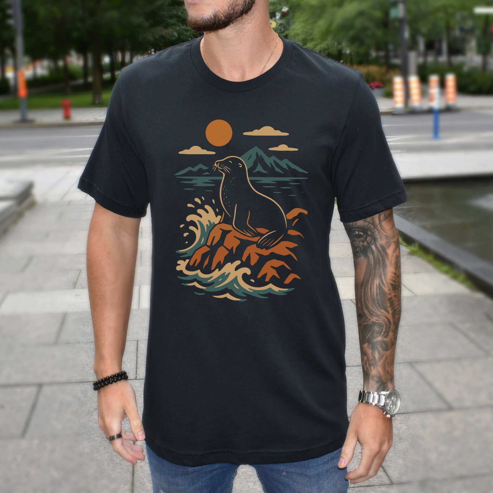 Retro Seal on Rocks Crashing Waves T-Shirt