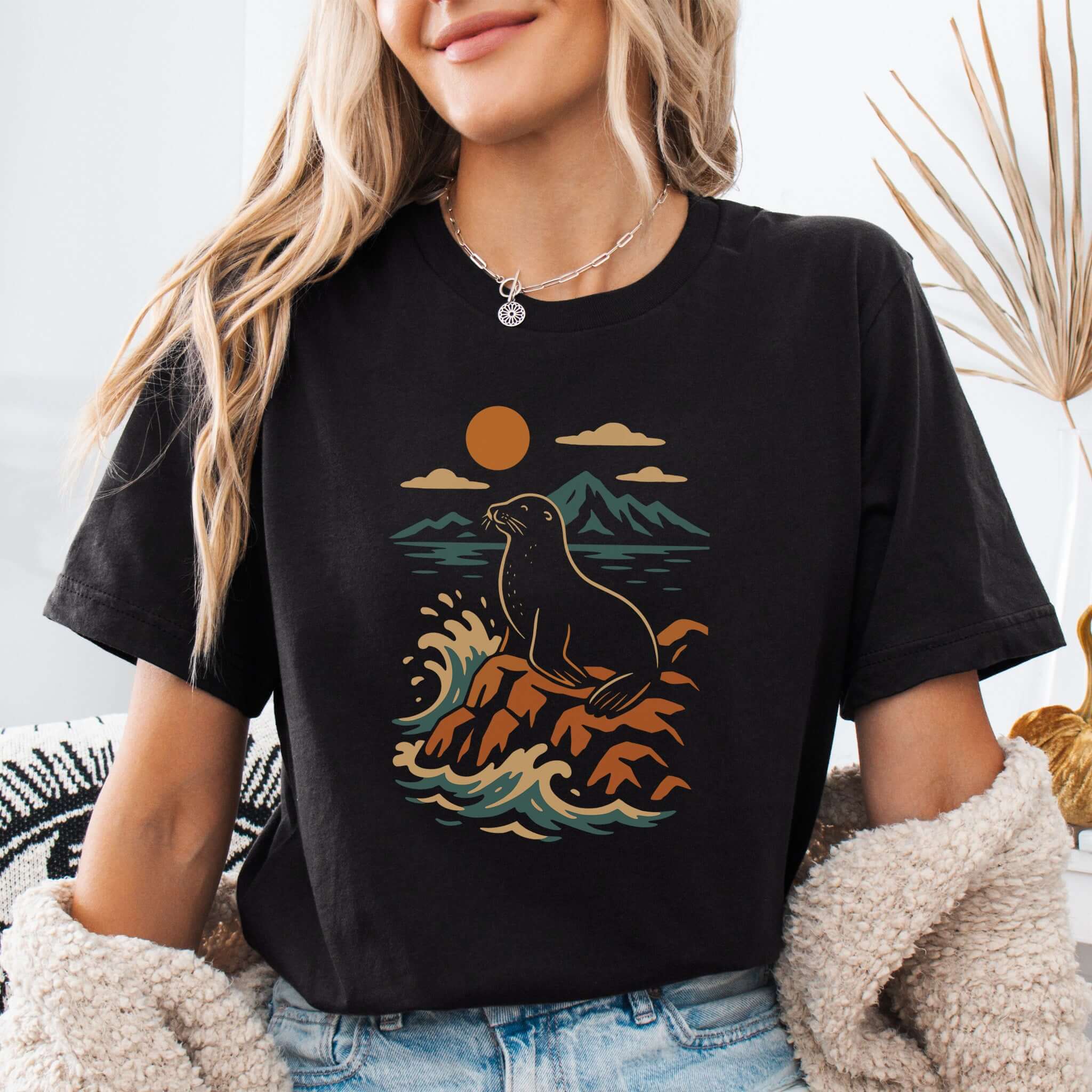 Retro Seal on Rocks Crashing Waves T-Shirt