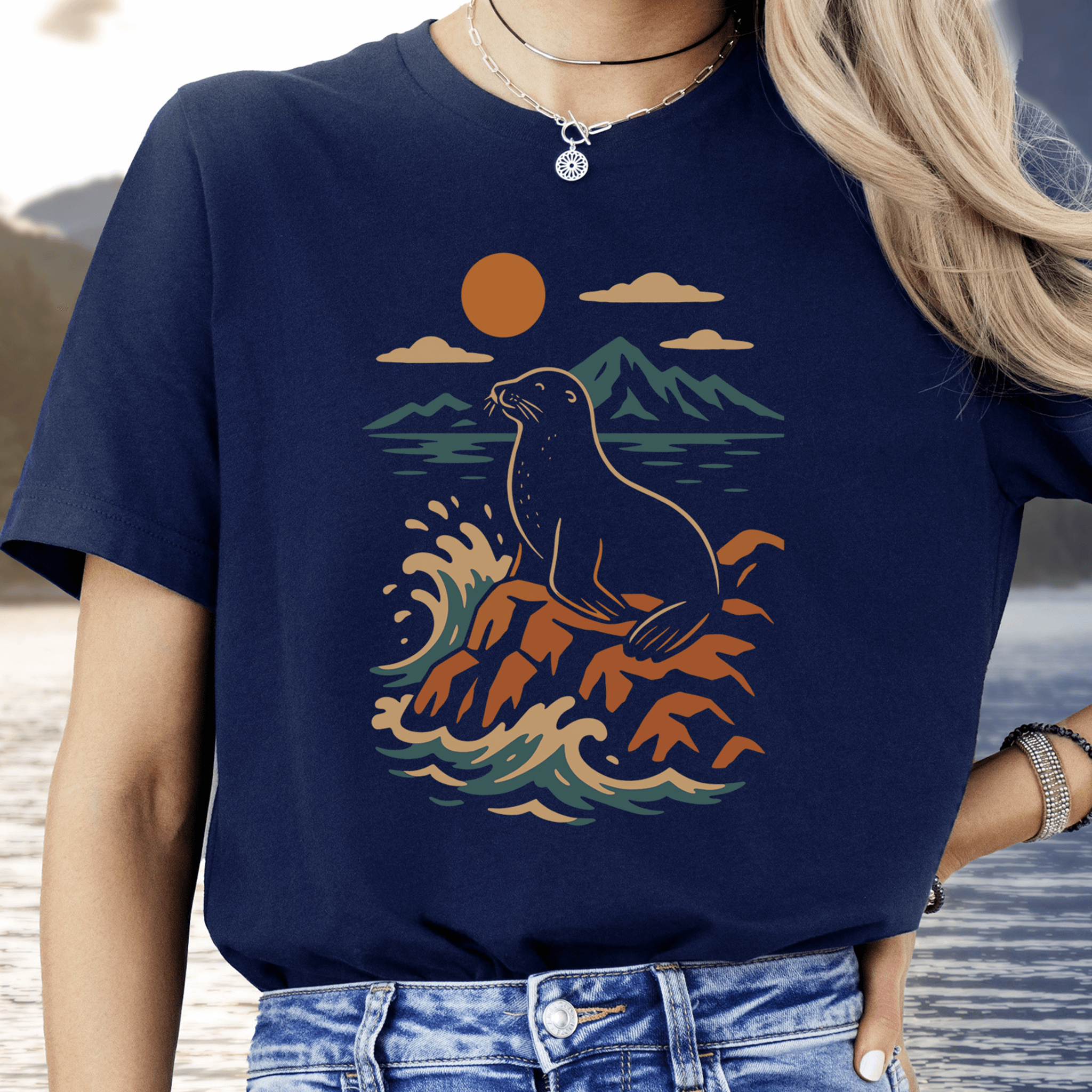Retro Seal on Rocks Crashing Waves T-Shirt