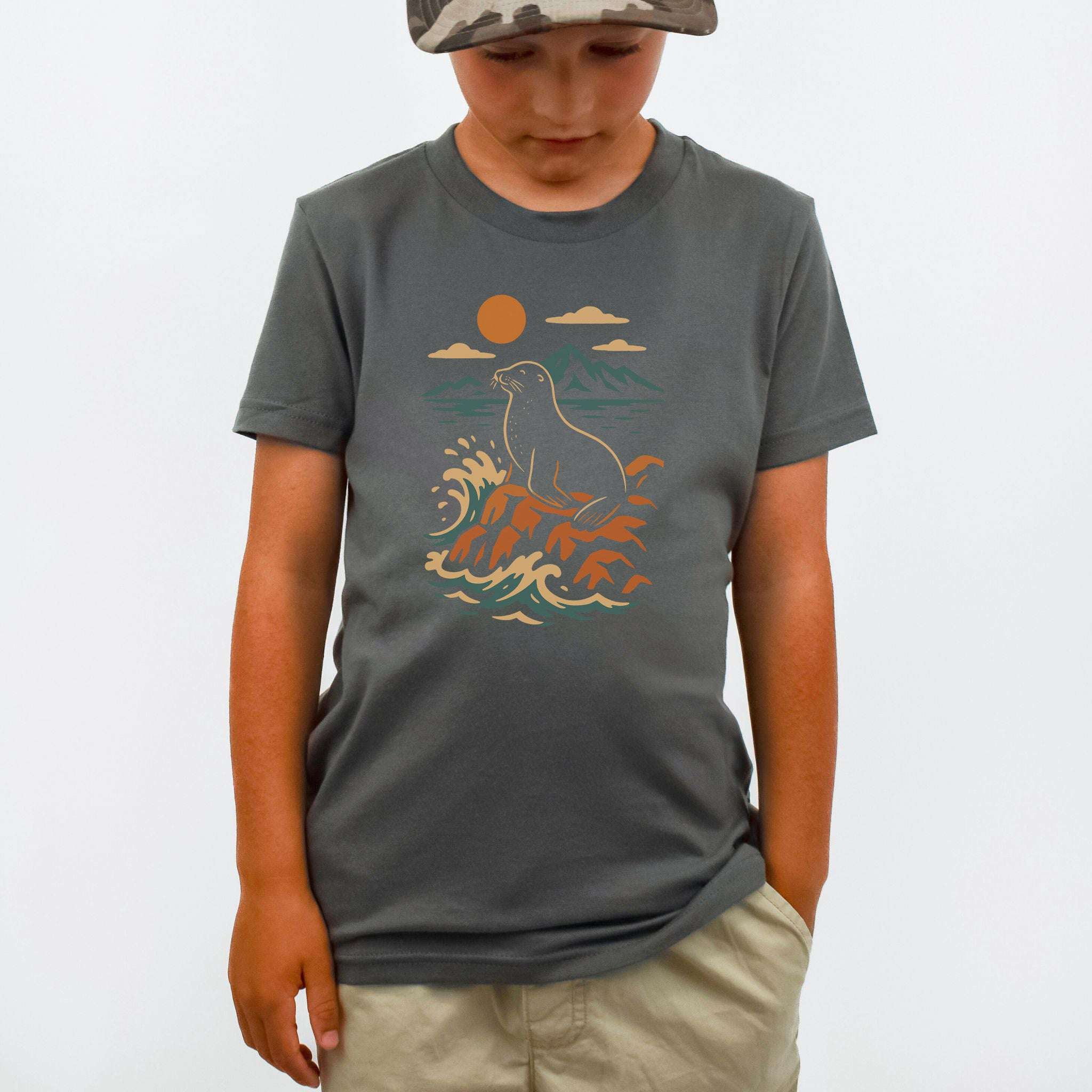 Retro Seal & Crashing Waves – Chill Ocean Vibes Youth Tee