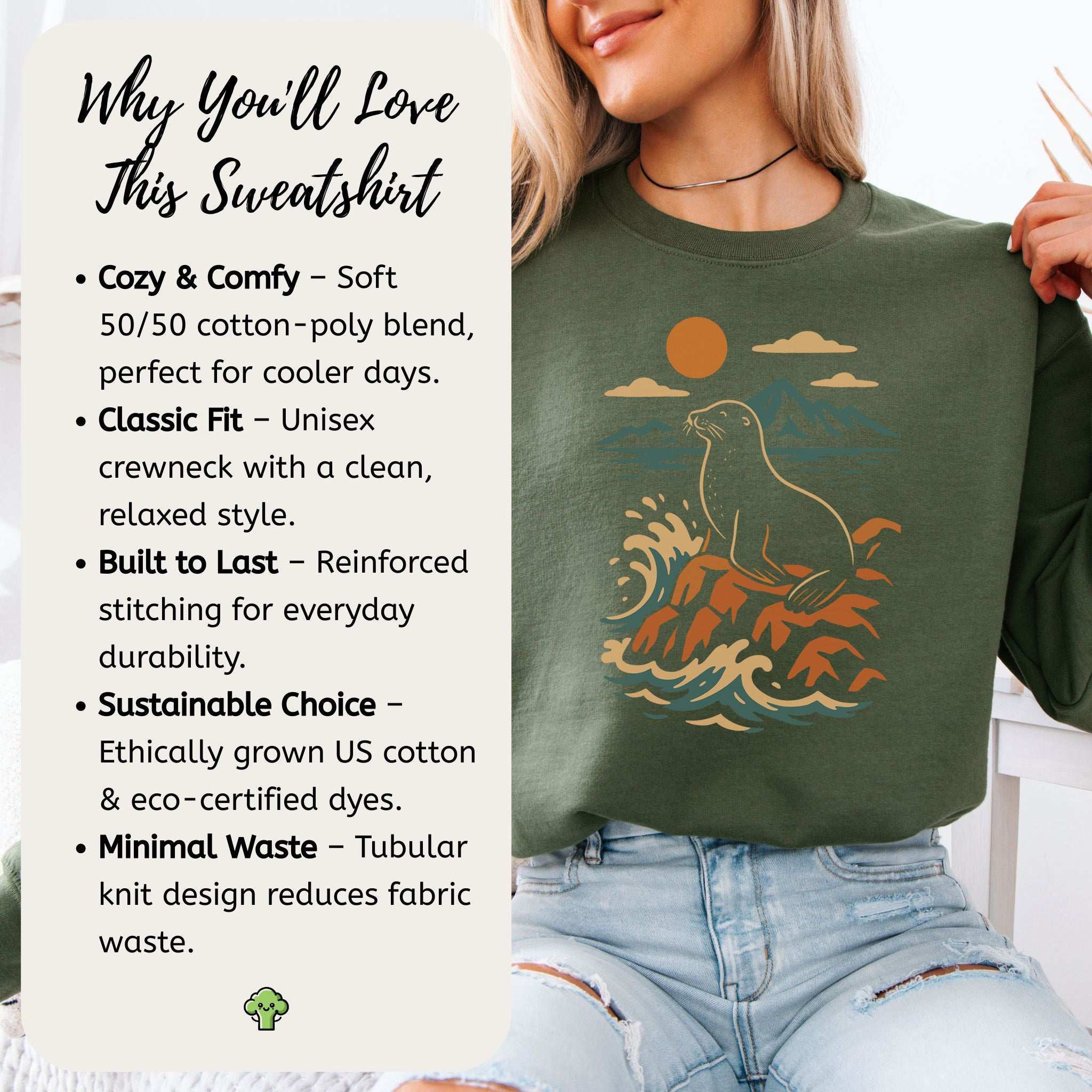 Retro Seal Sweatshirt – Crashing Waves & Moonlit Ocean Vibes