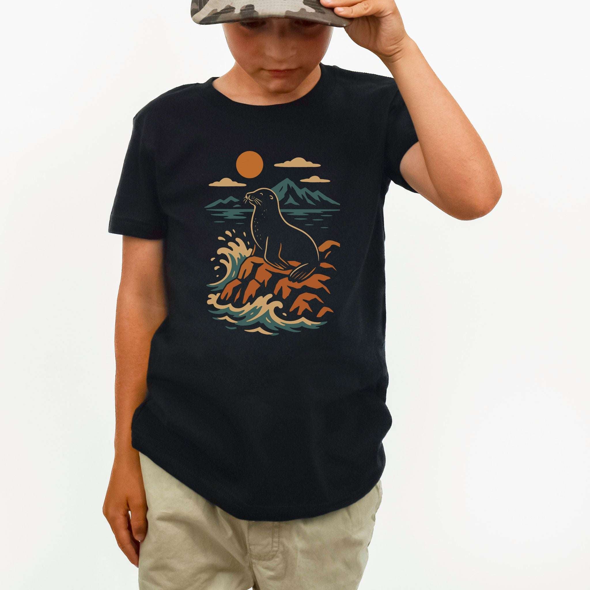 Retro Seal & Crashing Waves – Chill Ocean Vibes Youth Tee