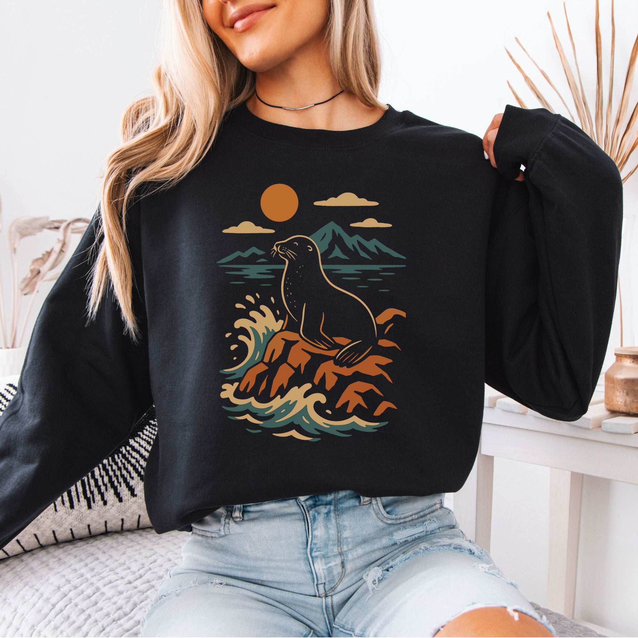 Retro Seal Sweatshirt – Crashing Waves & Moonlit Ocean Vibes