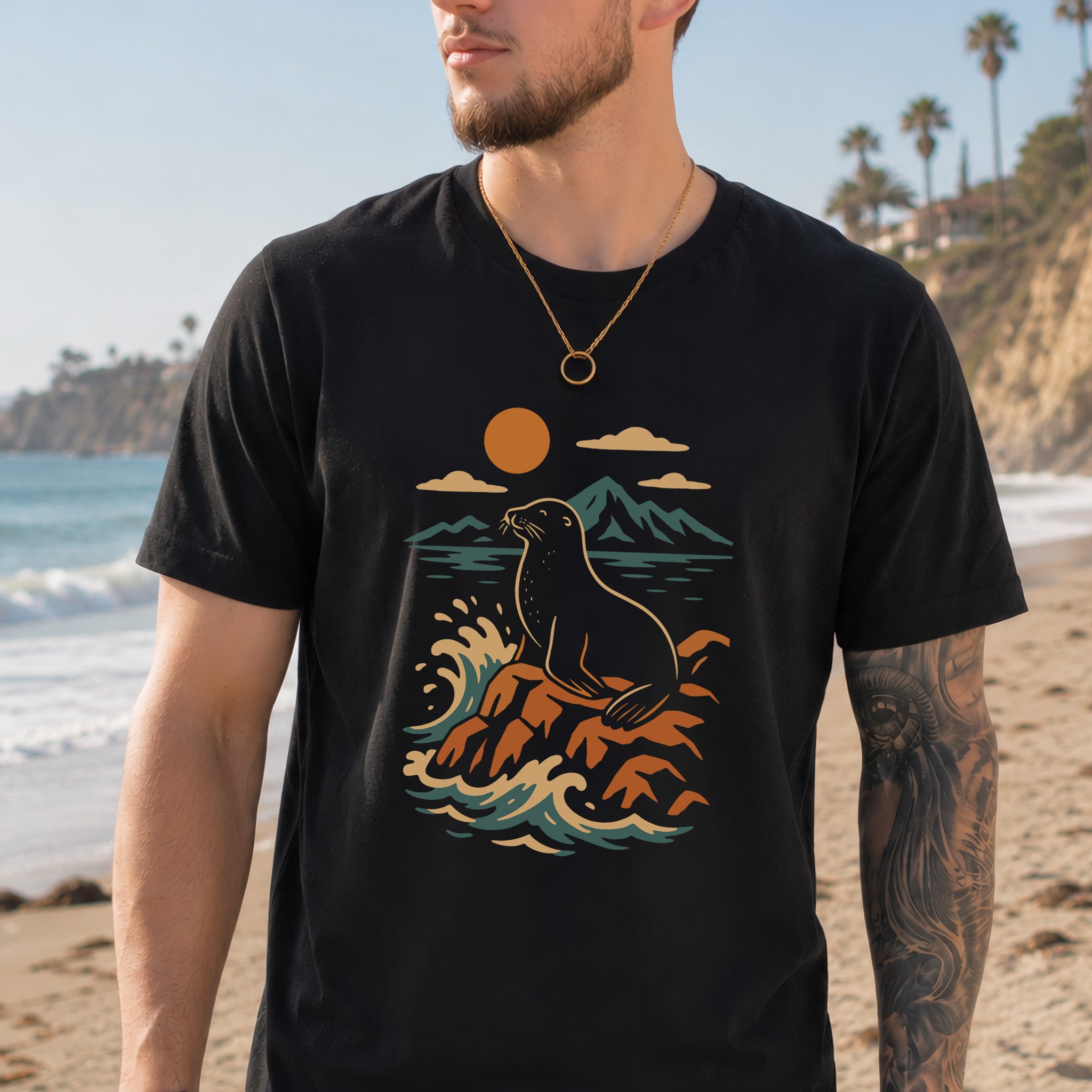 Retro Seal on Rocks Crashing Waves T-Shirt