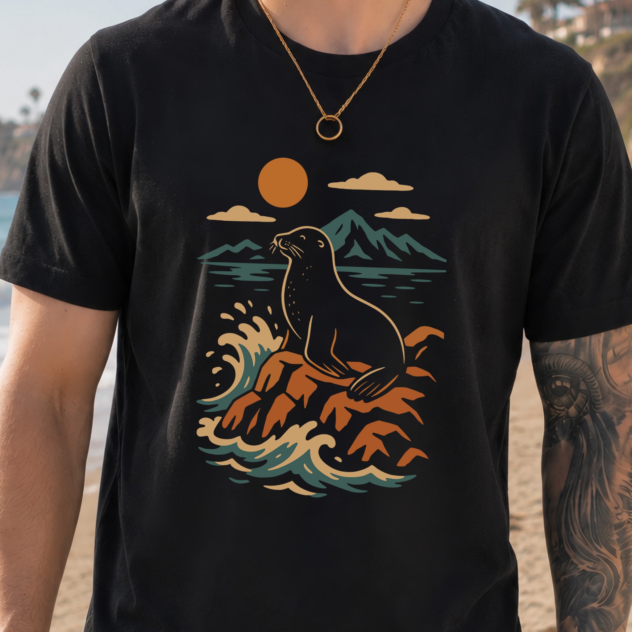 Retro Seal on Rocks Crashing Waves T-Shirt