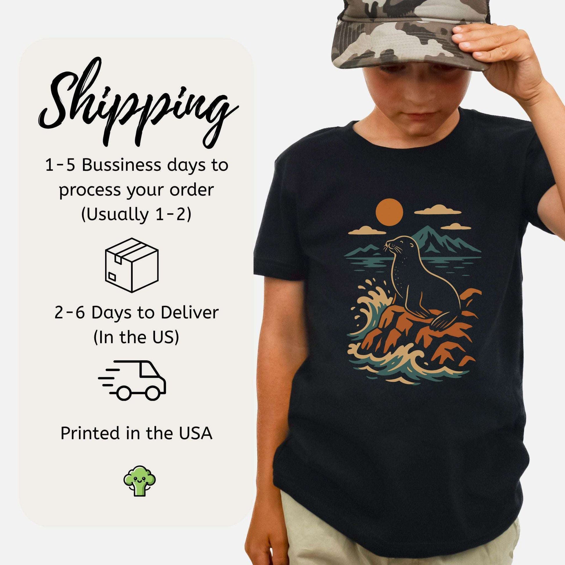 Retro Seal & Crashing Waves – Chill Ocean Vibes Youth Tee