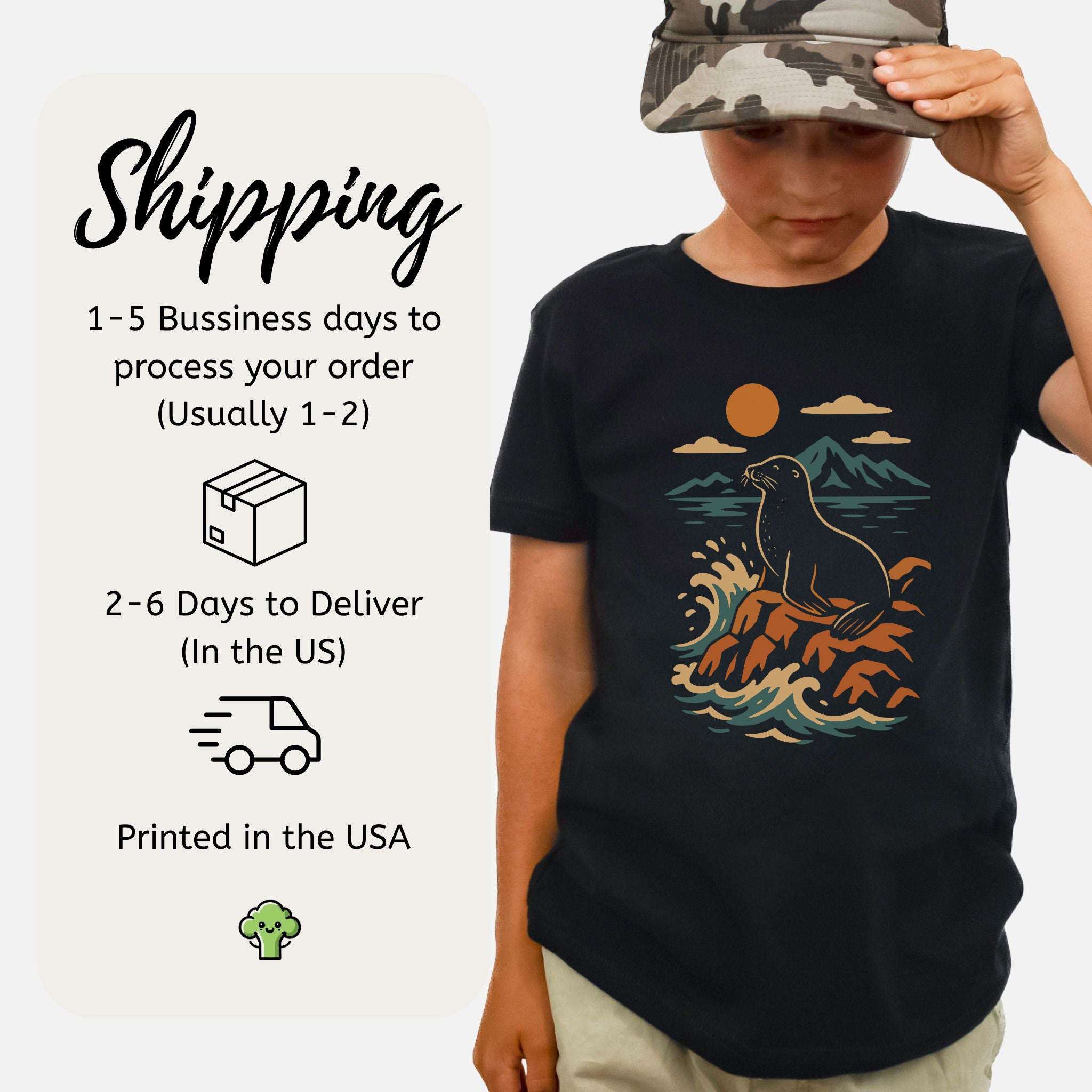 Retro Seal & Crashing Waves – Chill Ocean Vibes Youth Tee