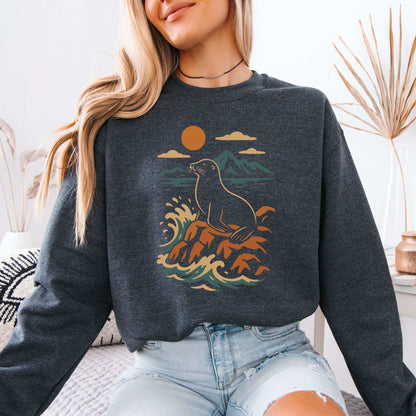 Retro Seal Sweatshirt – Crashing Waves & Moonlit Ocean Vibes