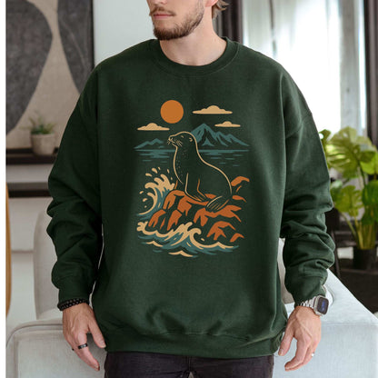 Retro Seal Sweatshirt – Crashing Waves & Moonlit Ocean Vibes