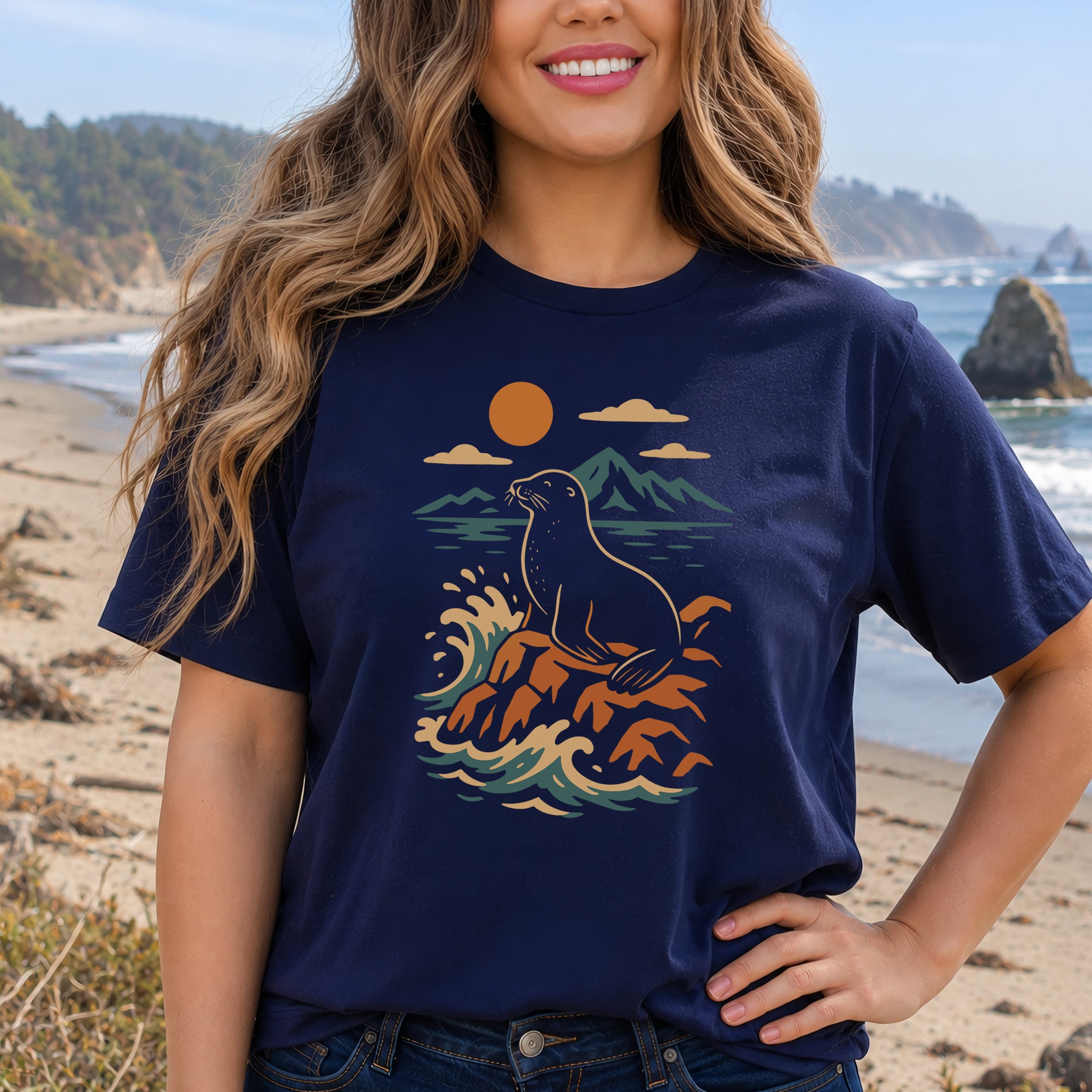 Retro Seal on Rocks Crashing Waves T-Shirt
