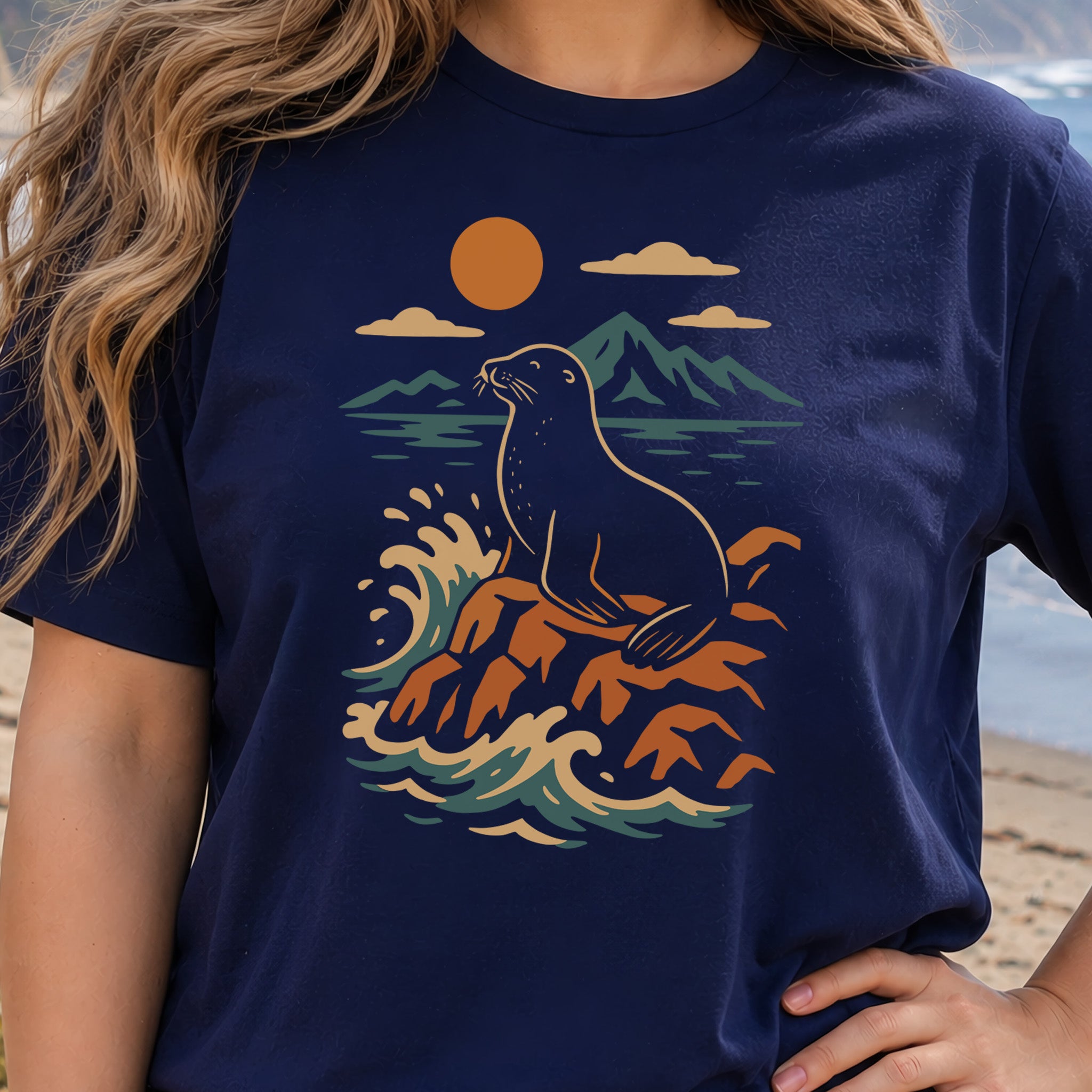 Retro Seal on Rocks Crashing Waves T-Shirt