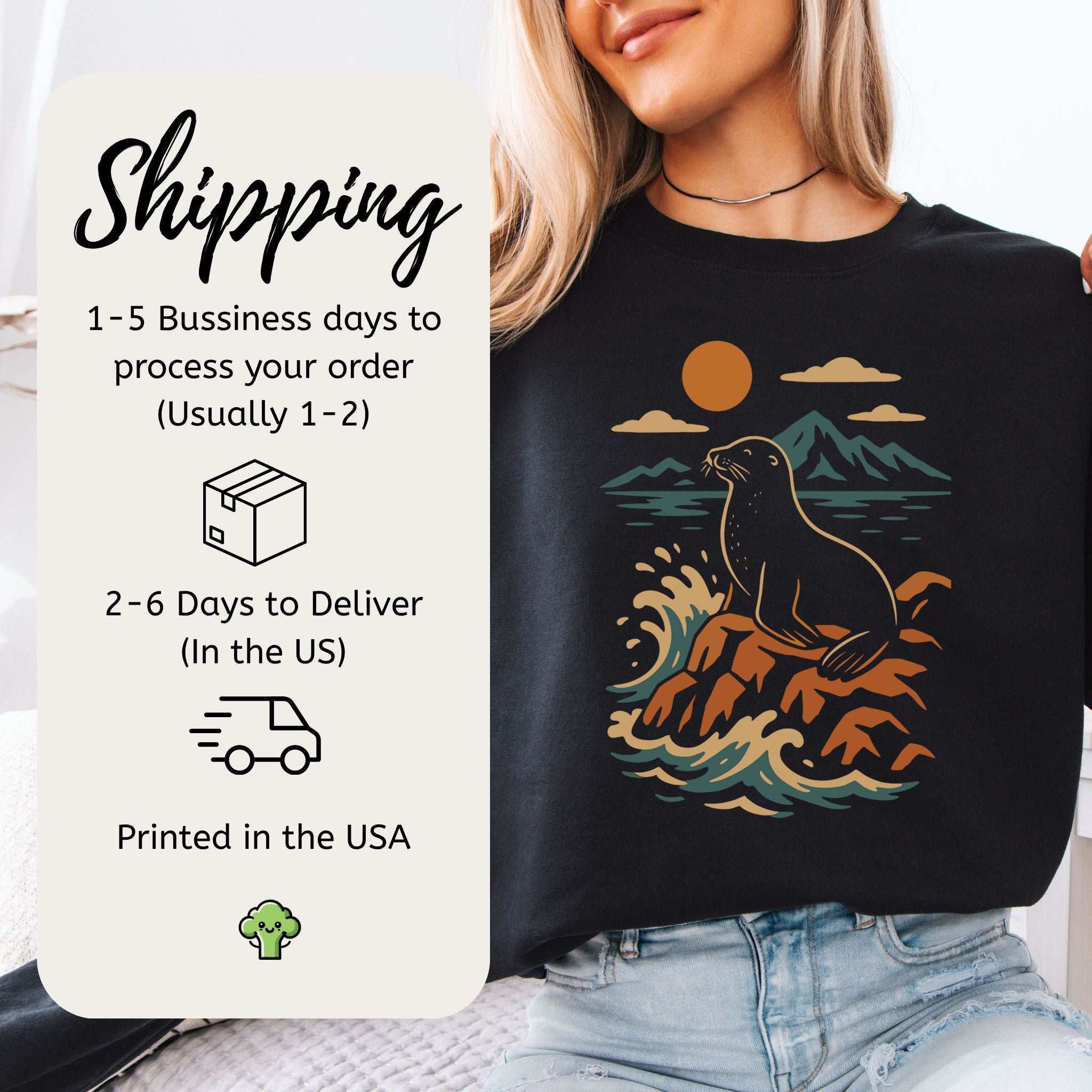 Retro Seal Sweatshirt – Crashing Waves & Moonlit Ocean Vibes