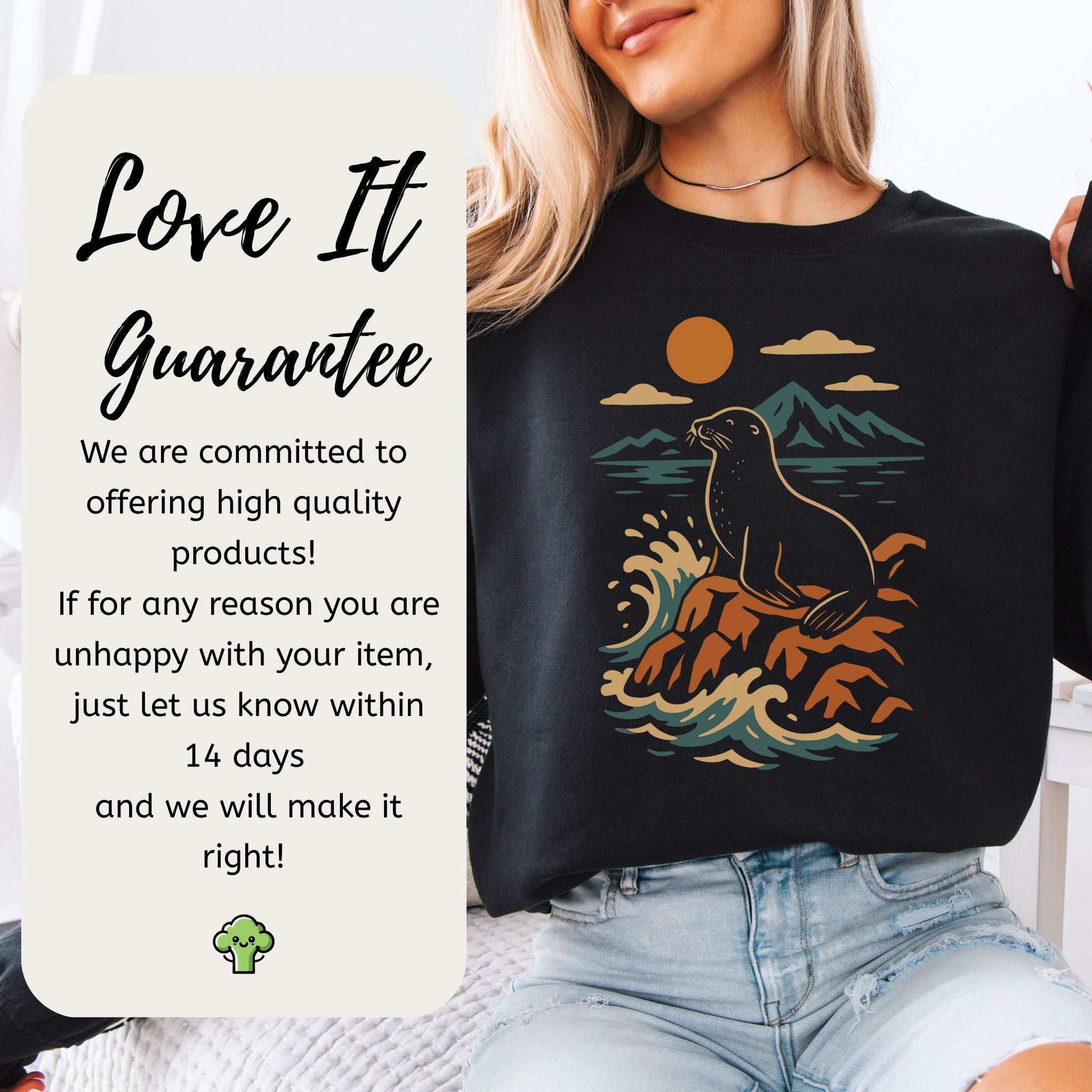 Retro Seal Sweatshirt – Crashing Waves & Moonlit Ocean Vibes