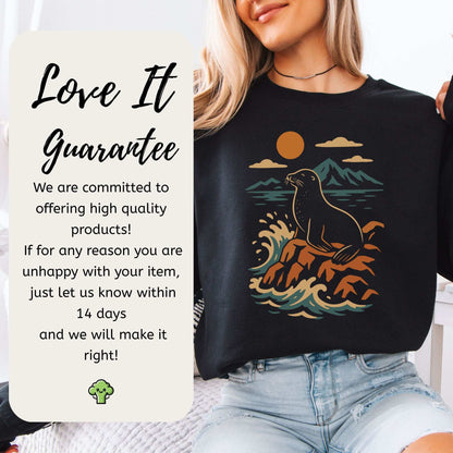 Retro Seal Sweatshirt – Crashing Waves & Moonlit Ocean Vibes
