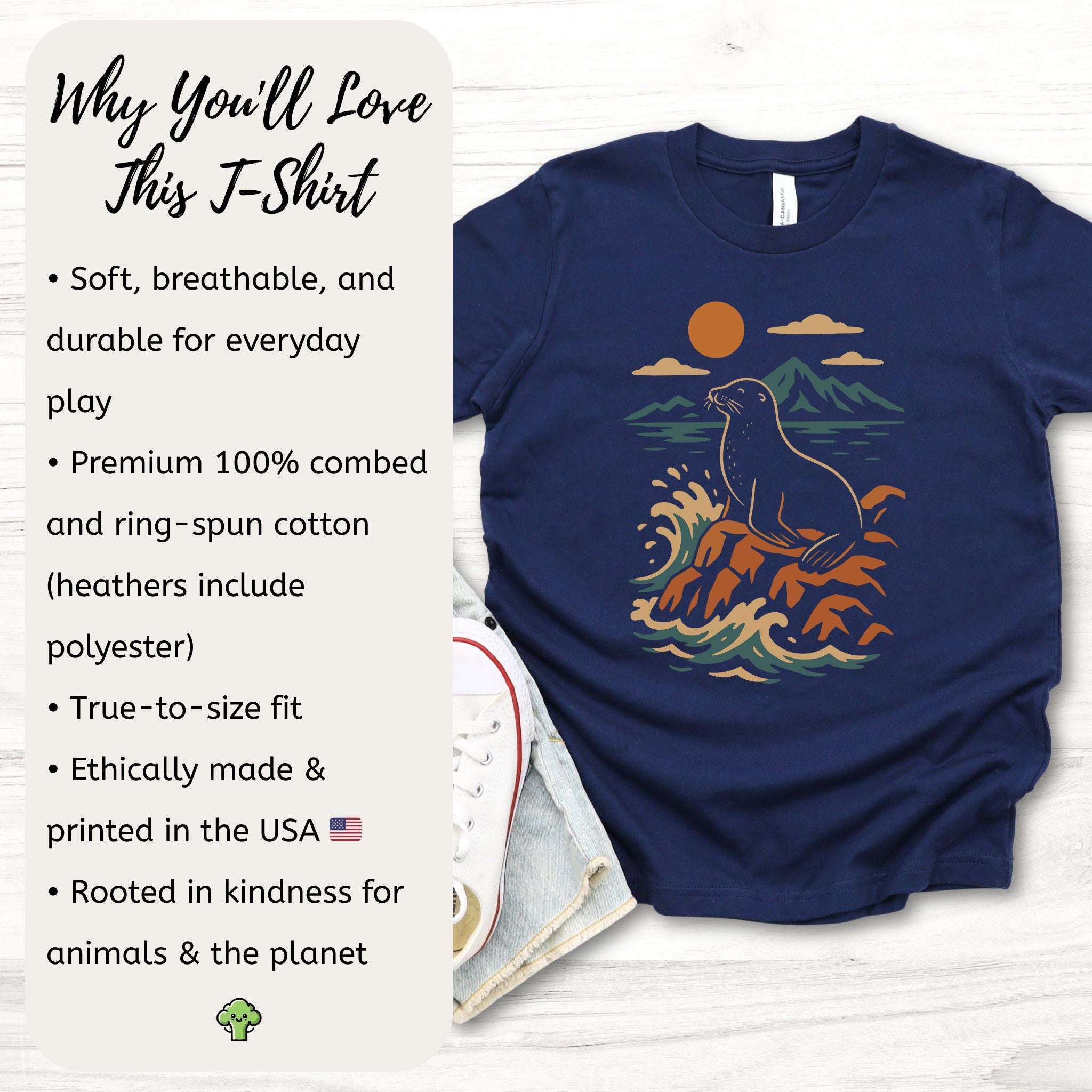 Retro Seal & Crashing Waves – Chill Ocean Vibes Youth Tee