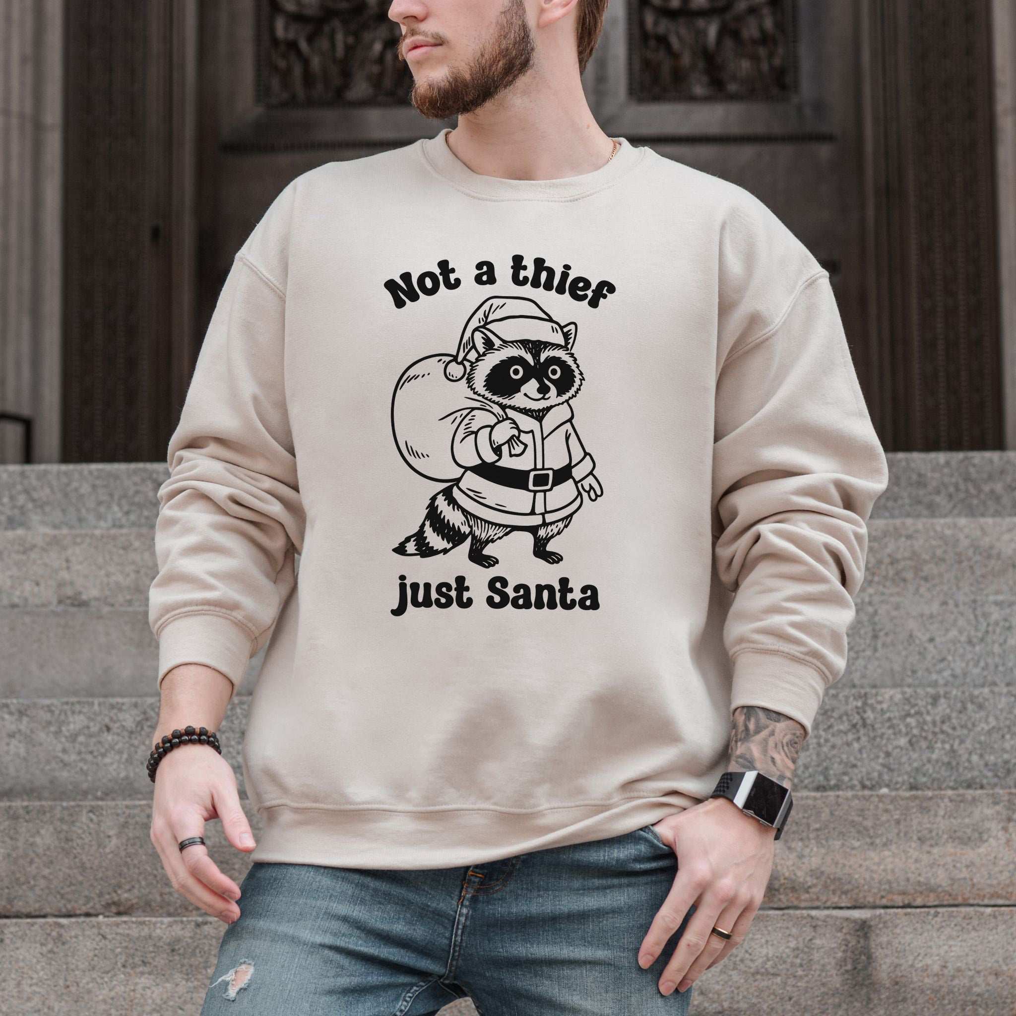 Shadow Santa Raccoon Sweatshirt – Funny Feral Christmas Mischief