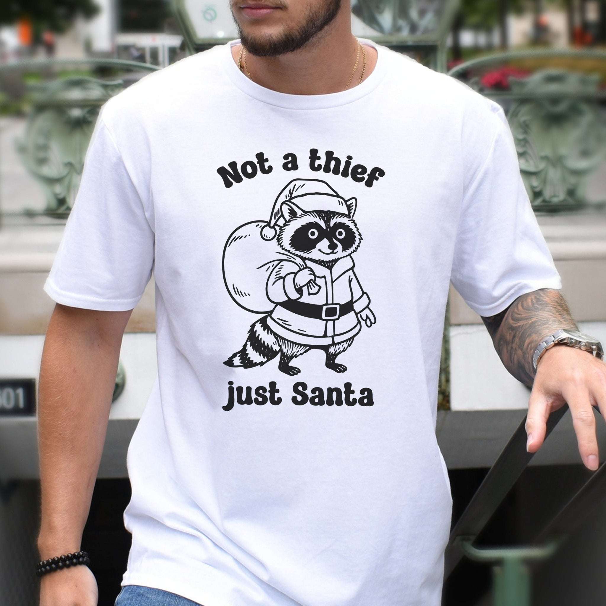 Shadow Santa Raccoon T-Shirt – Funny Feral Christmas Gift Tee