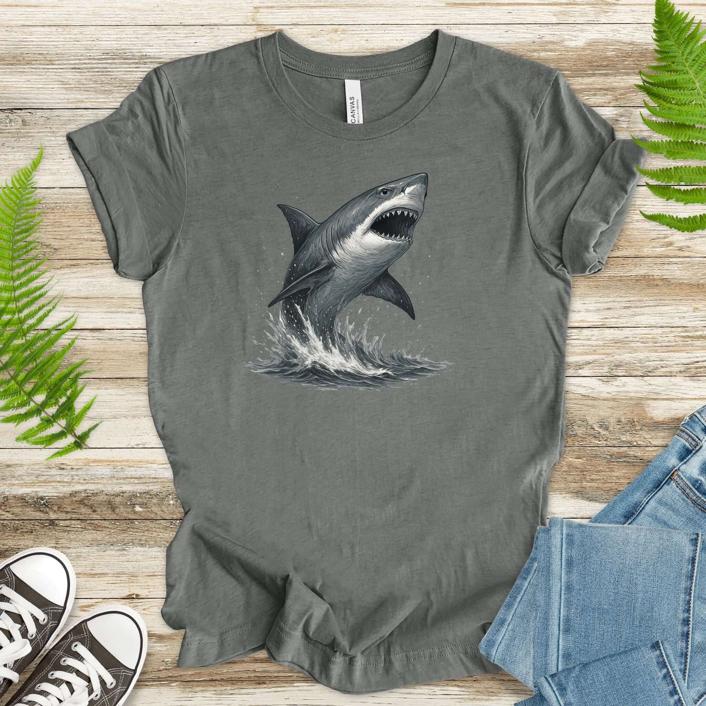 Great White Shark T-Shirt featuring a breaching shark design, perfect for shark lovers and ocean enthusiasts.