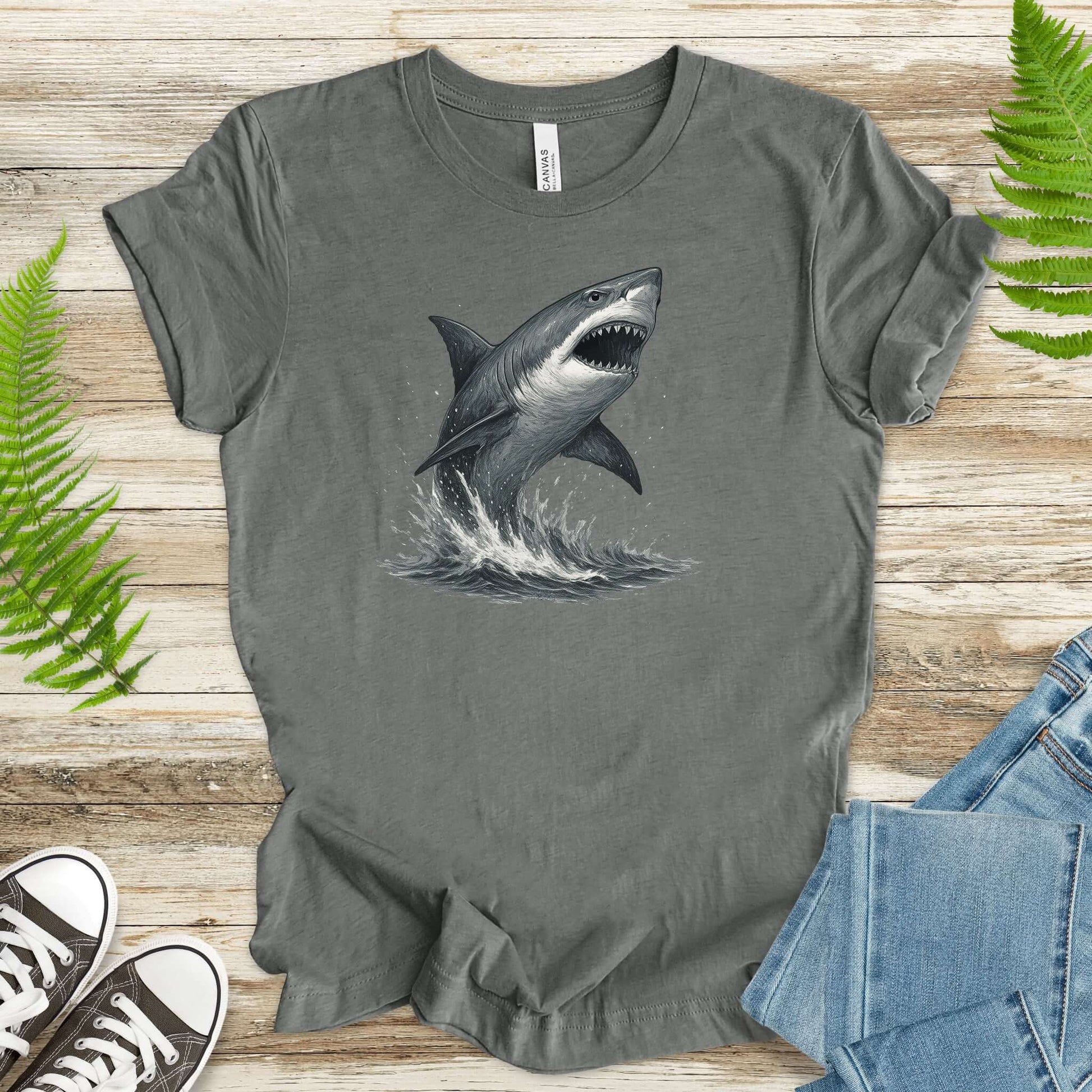 Great White Shark T-Shirt featuring a breaching shark design, perfect for shark lovers and ocean enthusiasts.