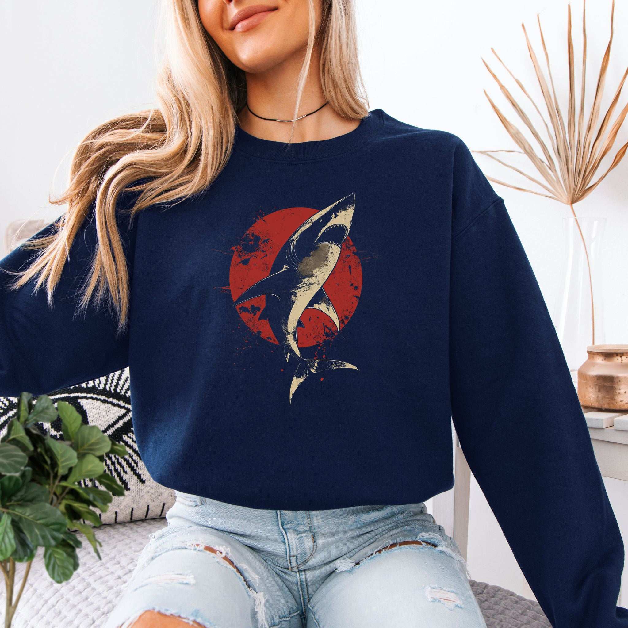 Shark Sweatshirt – Japanese Style Ocean Graphic with Fierce Wave Energy