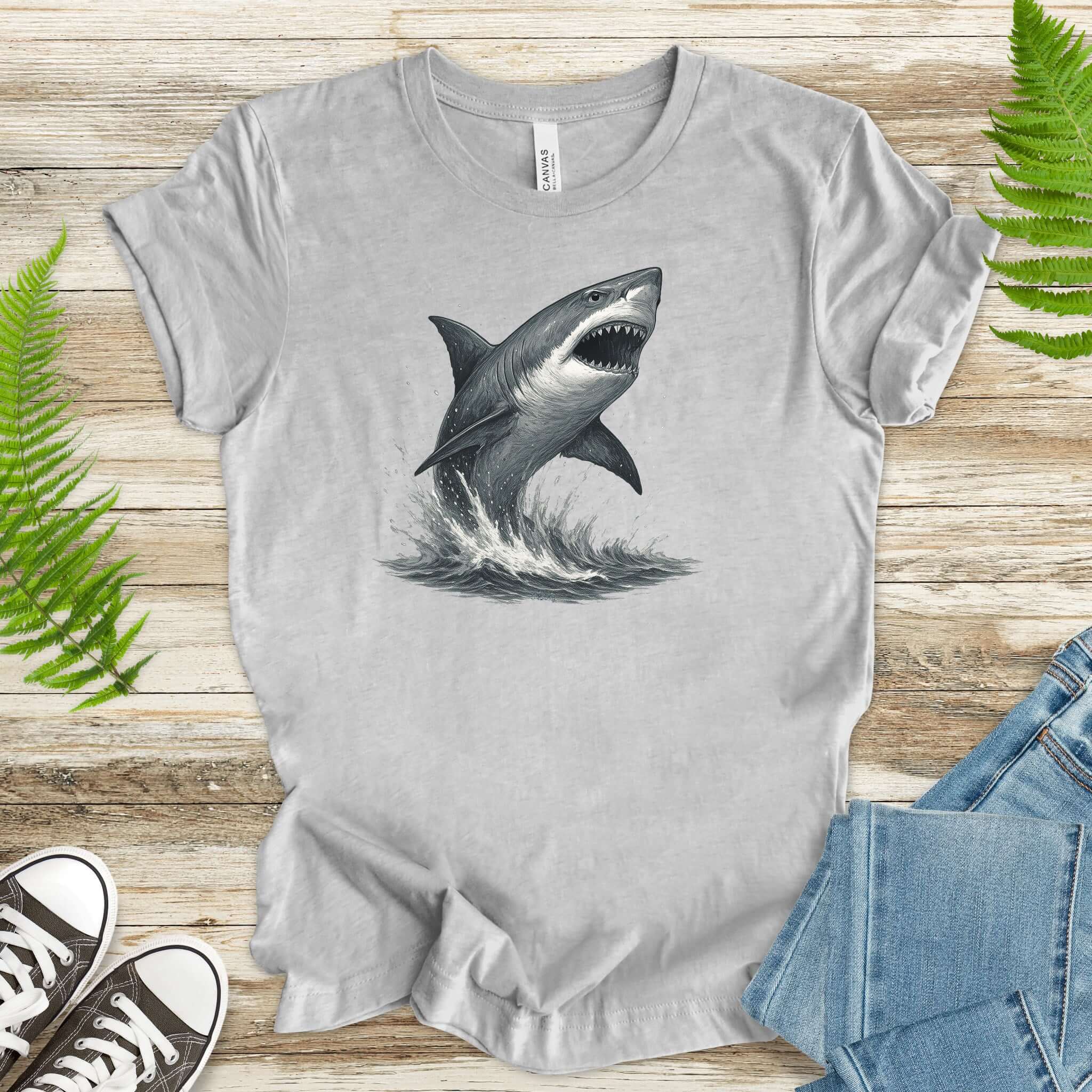 Great White Shark T-Shirt featuring a striking shark illustration for ocean lovers and shark enthusiasts.