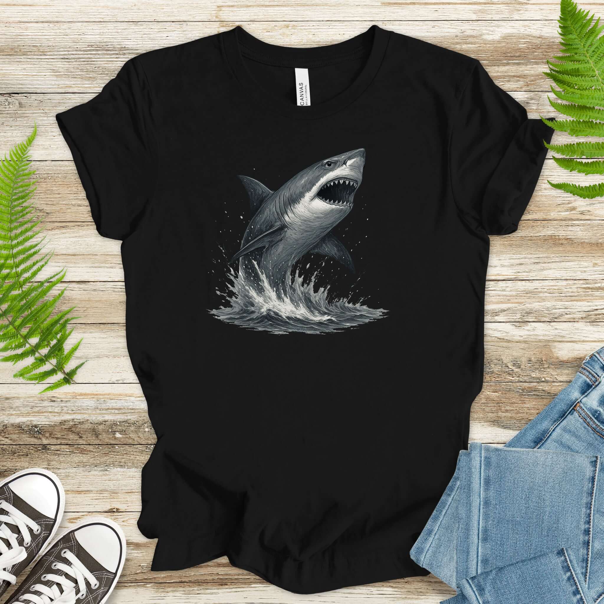 Great White Shark T-Shirt featuring a bold illustration of a shark breaching the ocean, perfect for shark lovers.